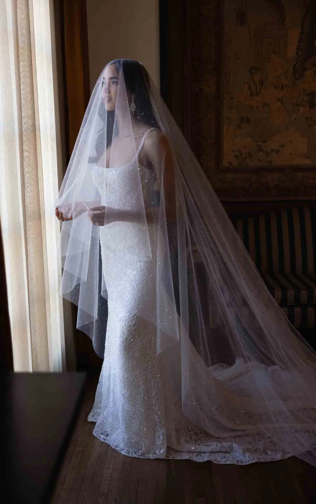d4615 Sparkling Square Neckline Lace Sheath Wedding Dress with Drop Waist by Essense of Australia