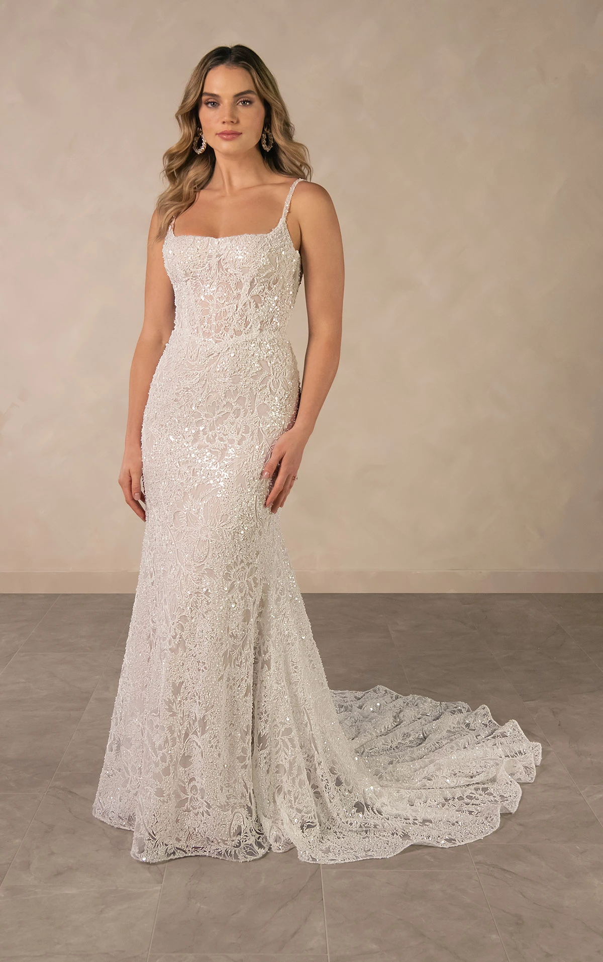 d4615 Sparkling Square Neckline Lace Sheath Wedding Dress  by Essense of Australia
