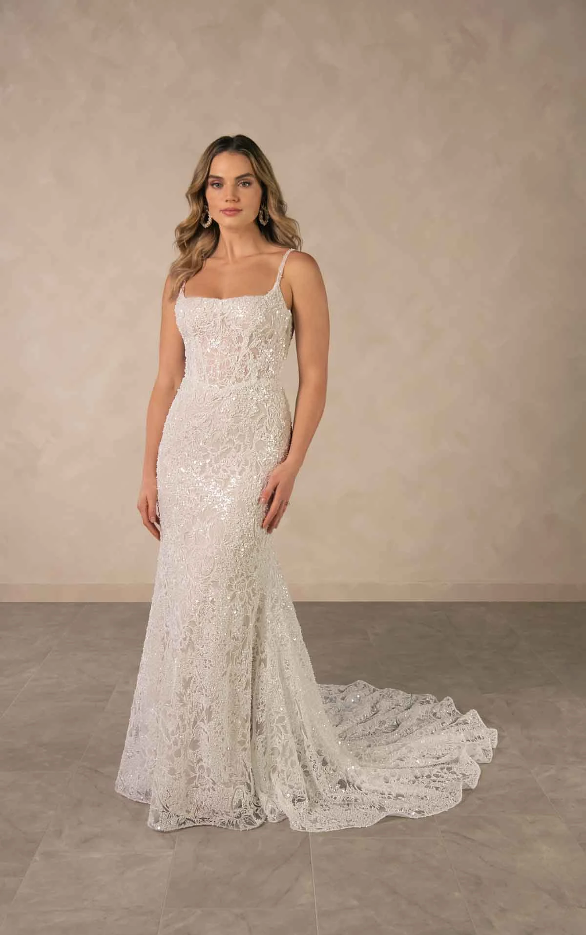 d4615 Sparkling Square Neckline Lace Sheath Wedding Dress with Drop Waist by Essense of Australia