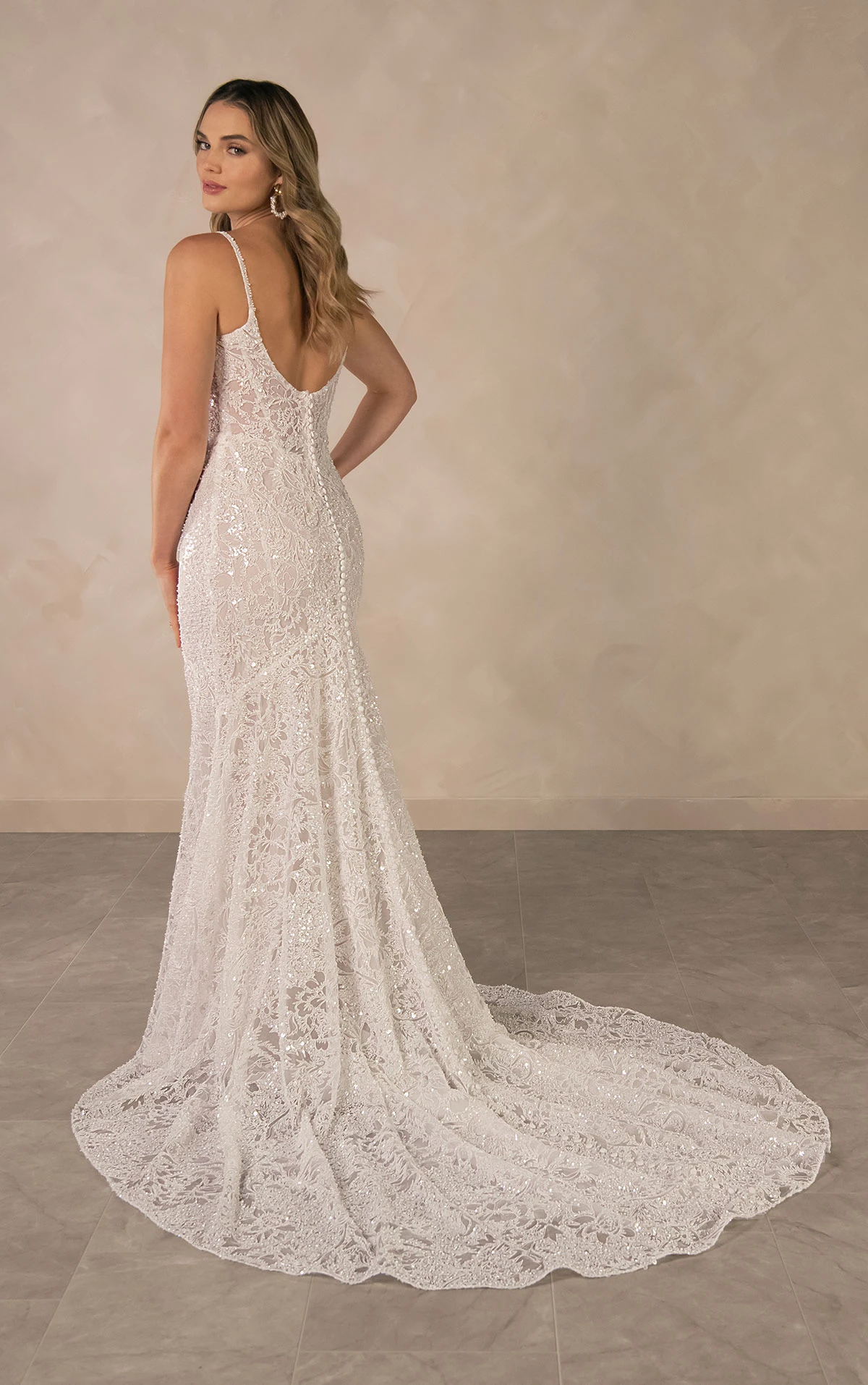 d4615 Sparkling Square Neckline Lace Sheath Wedding Dress  by Essense of Australia