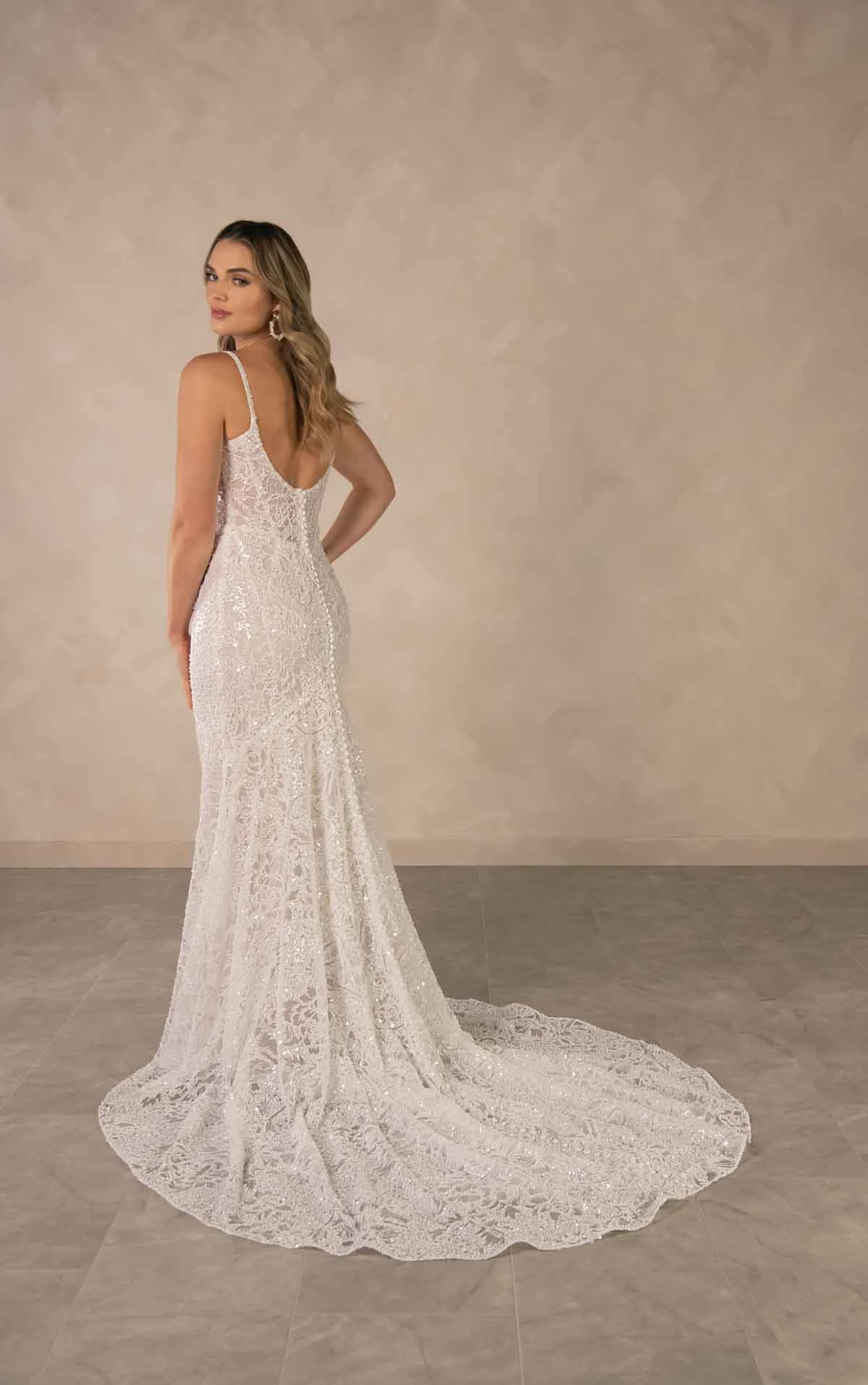 d4615 Sparkling Square Neckline Lace Sheath Wedding Dress with Drop Waist by Essense of Australia