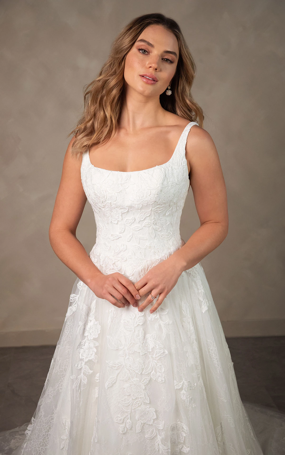 d4620 Contemporary Square Neckline Lace A-Line Gown with Soft Tulle Skirt  by Essense of Australia
