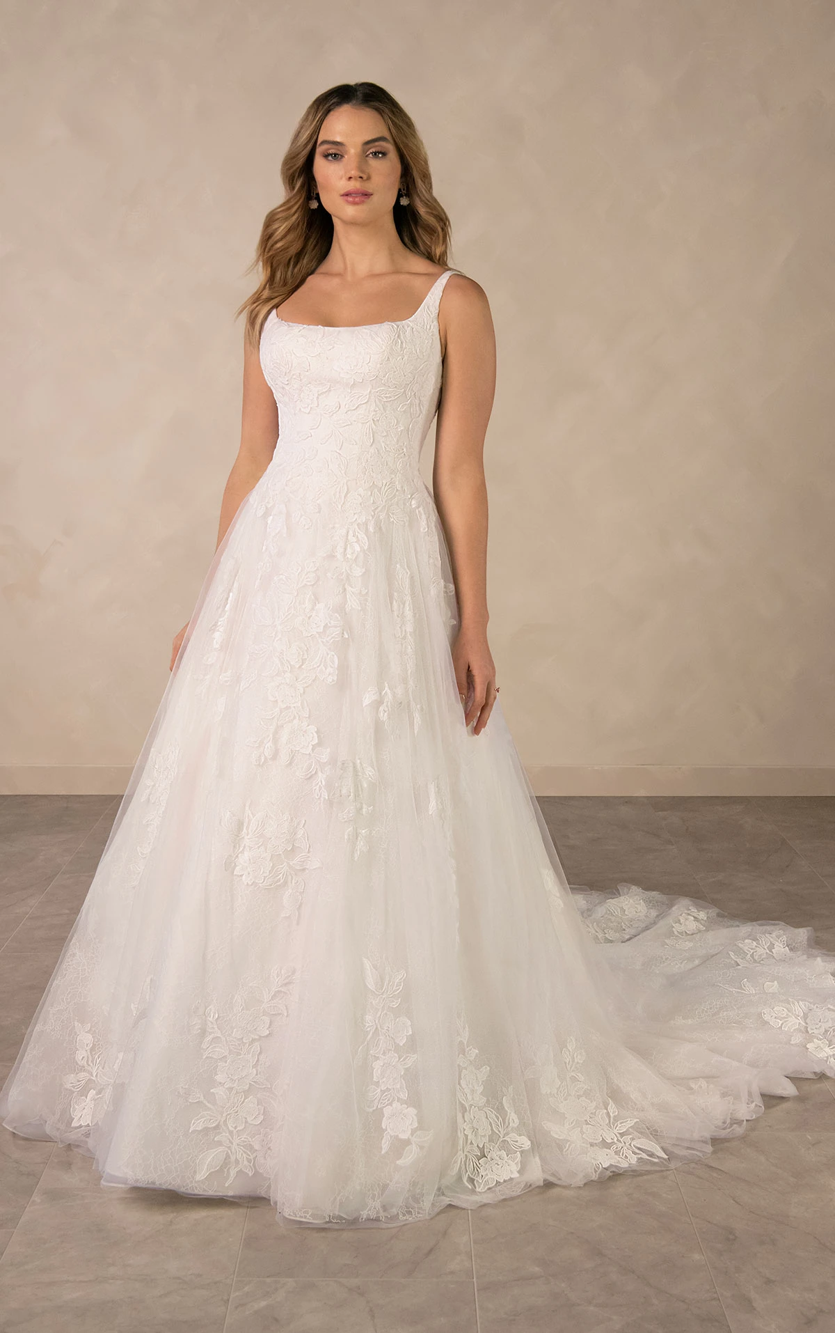 d4620 Contemporary Square Neckline Lace A-Line Gown with Soft Tulle Skirt  by Essense of Australia