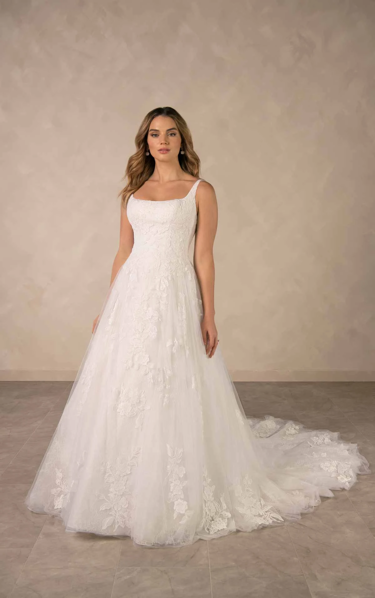d4620 Contemporary Square Neckline Lace A-Line Gown with Soft Tulle Skirt by Essense of Australia