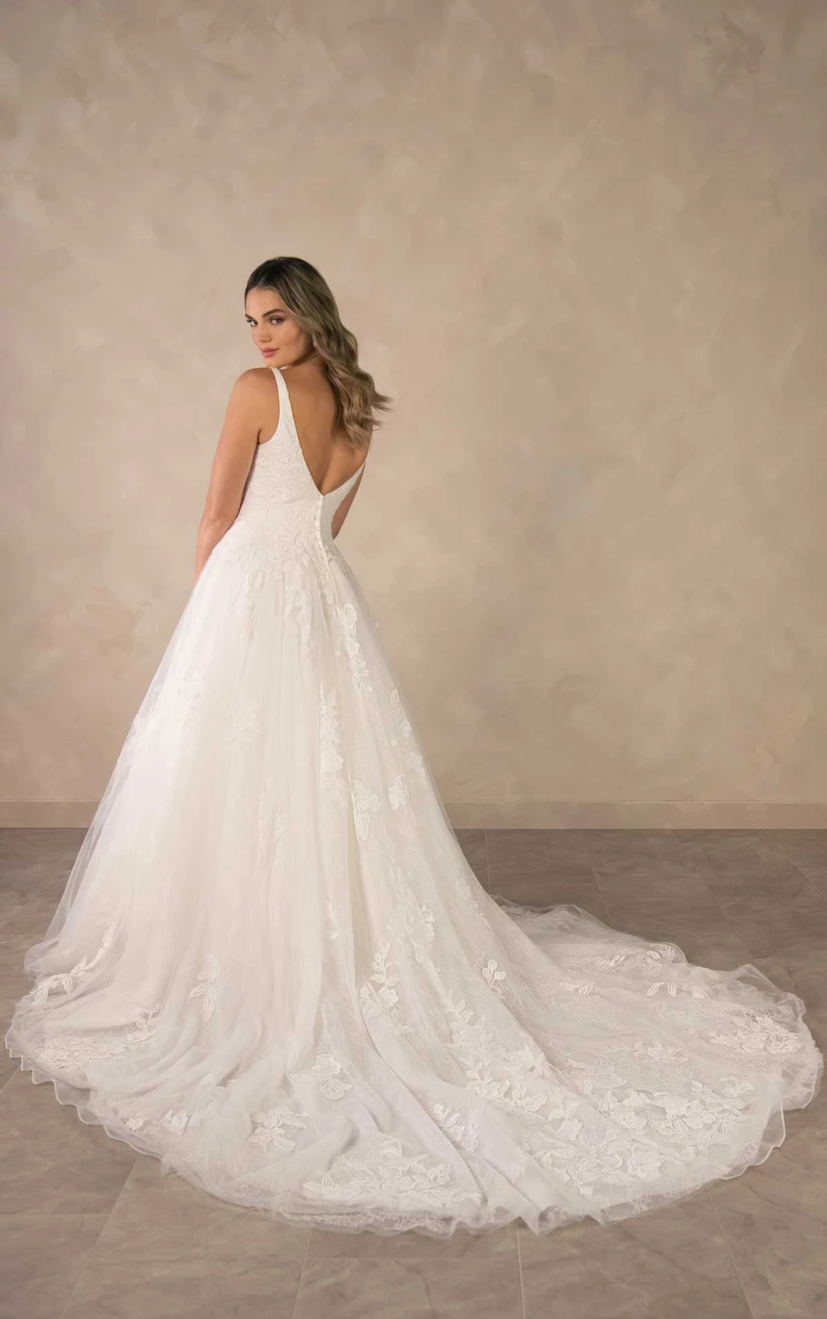 d4620 Contemporary Square Neckline Lace A-Line Gown with Soft Tulle Skirt by Essense of Australia