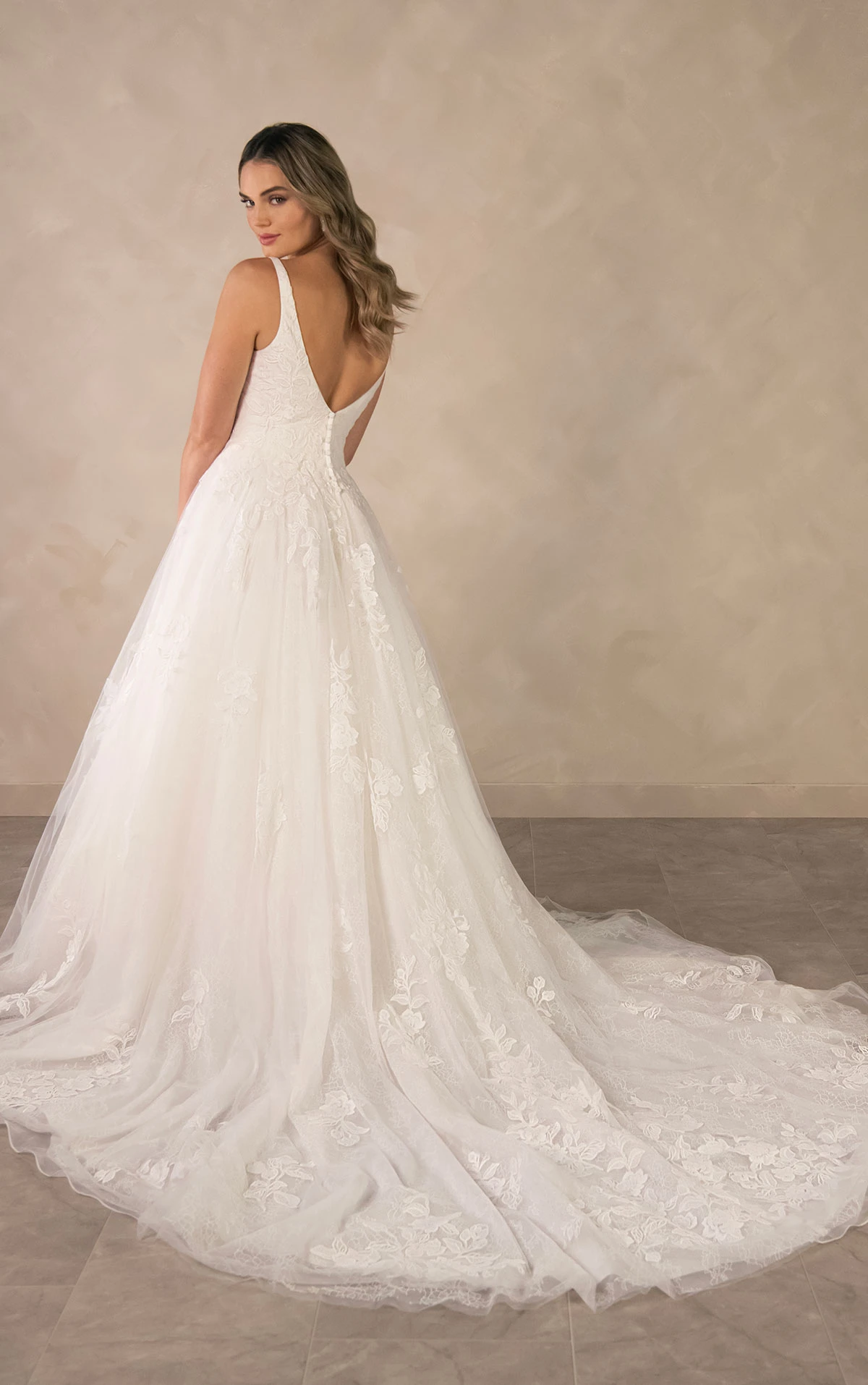d4620 Contemporary Square Neckline Lace A-Line Gown with Soft Tulle Skirt  by Essense of Australia
