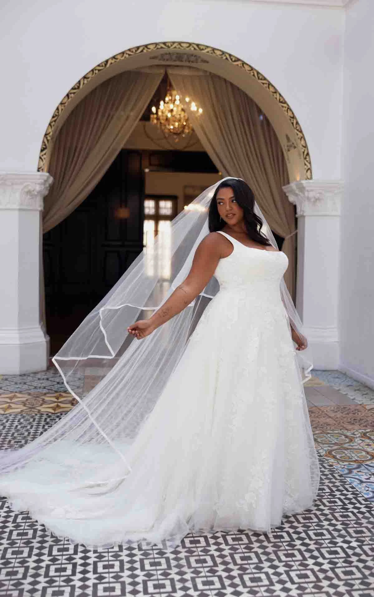 d4620+ Plus Size Contemporary Square Neckline Lace A-Line Gown with Soft Tulle Skirt by Essense of Australia