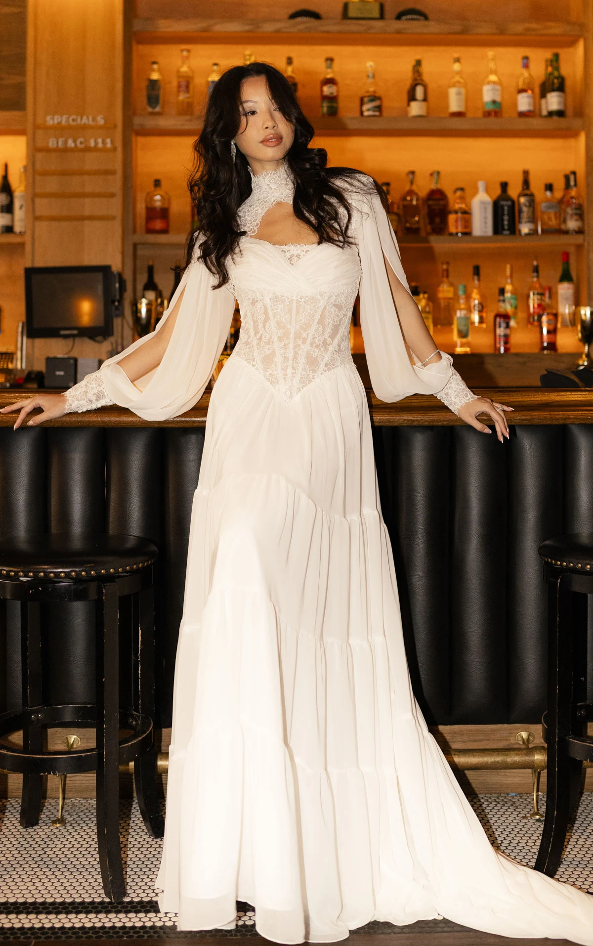 dalton High-Neck Lace and Chiffon A-Line Wedding Gown with Tiered Skirt and Detachable Topper by All Who Wander