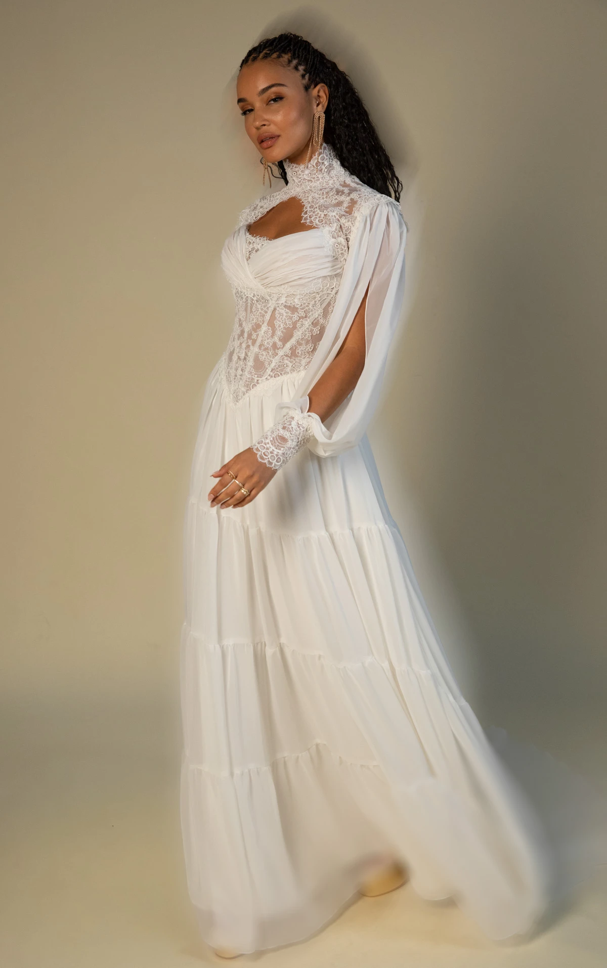 dalton High-Neck Lace and Chiffon A-Line Wedding Gown with Tiered Skirt and Detachable Topper by All Who Wander