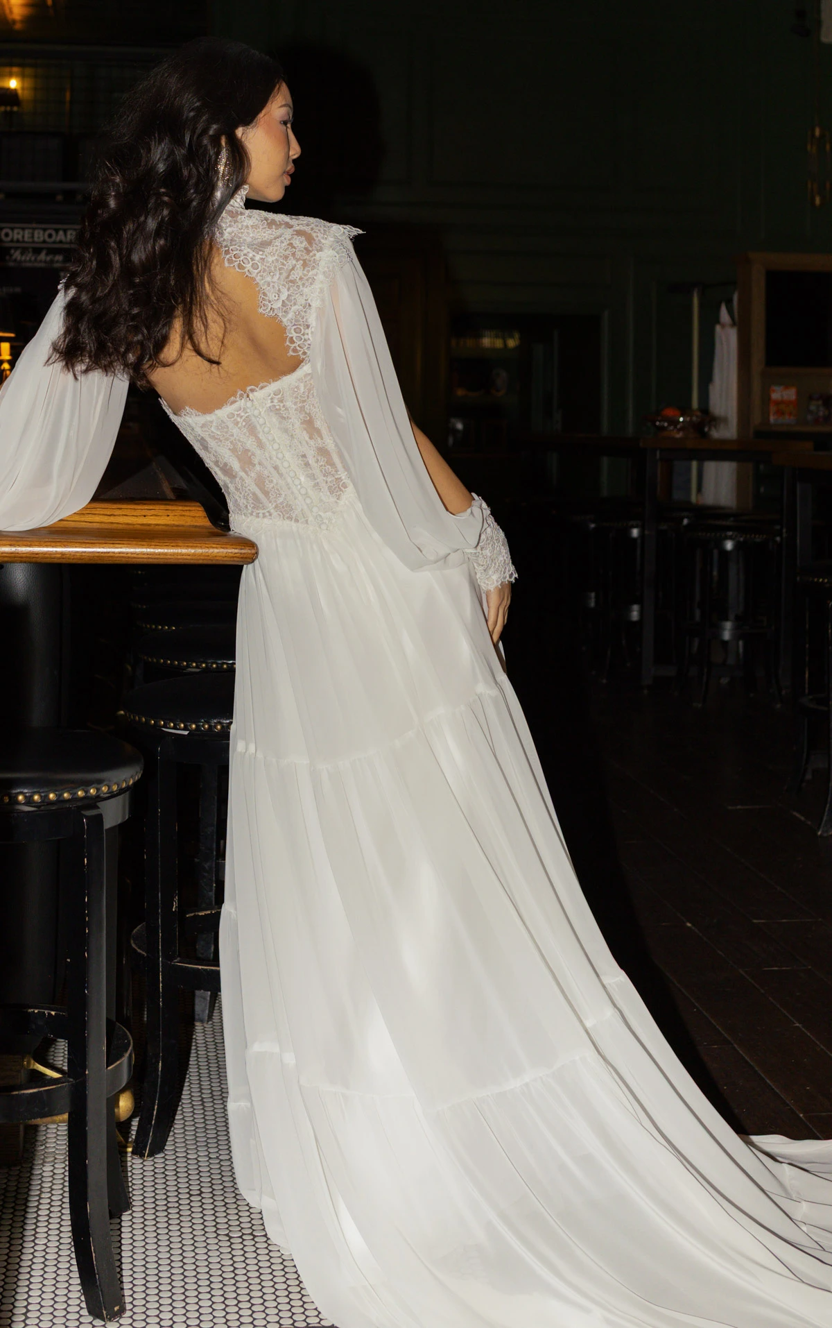 dalton High-Neck Lace and Chiffon A-Line Wedding Gown with Tiered Skirt and Detachable Topper by All Who Wander