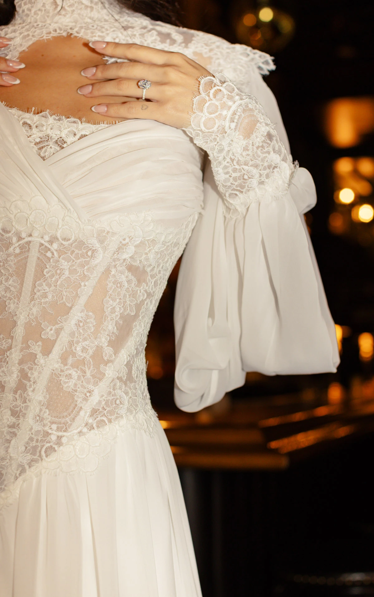 dalton High-Neck Lace and Chiffon A-Line Wedding Gown with Tiered Skirt and Detachable Topper by All Who Wander