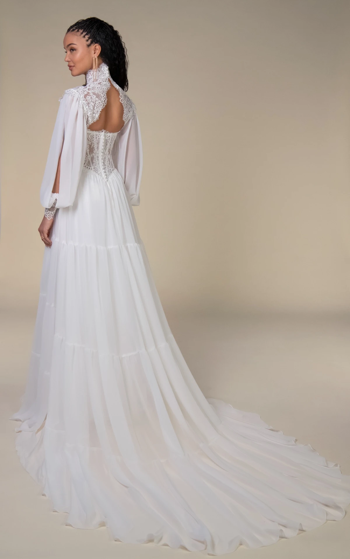 dalton High-Neck Lace and Chiffon A-Line Wedding Gown with Tiered Skirt and Detachable Topper by All Who Wander