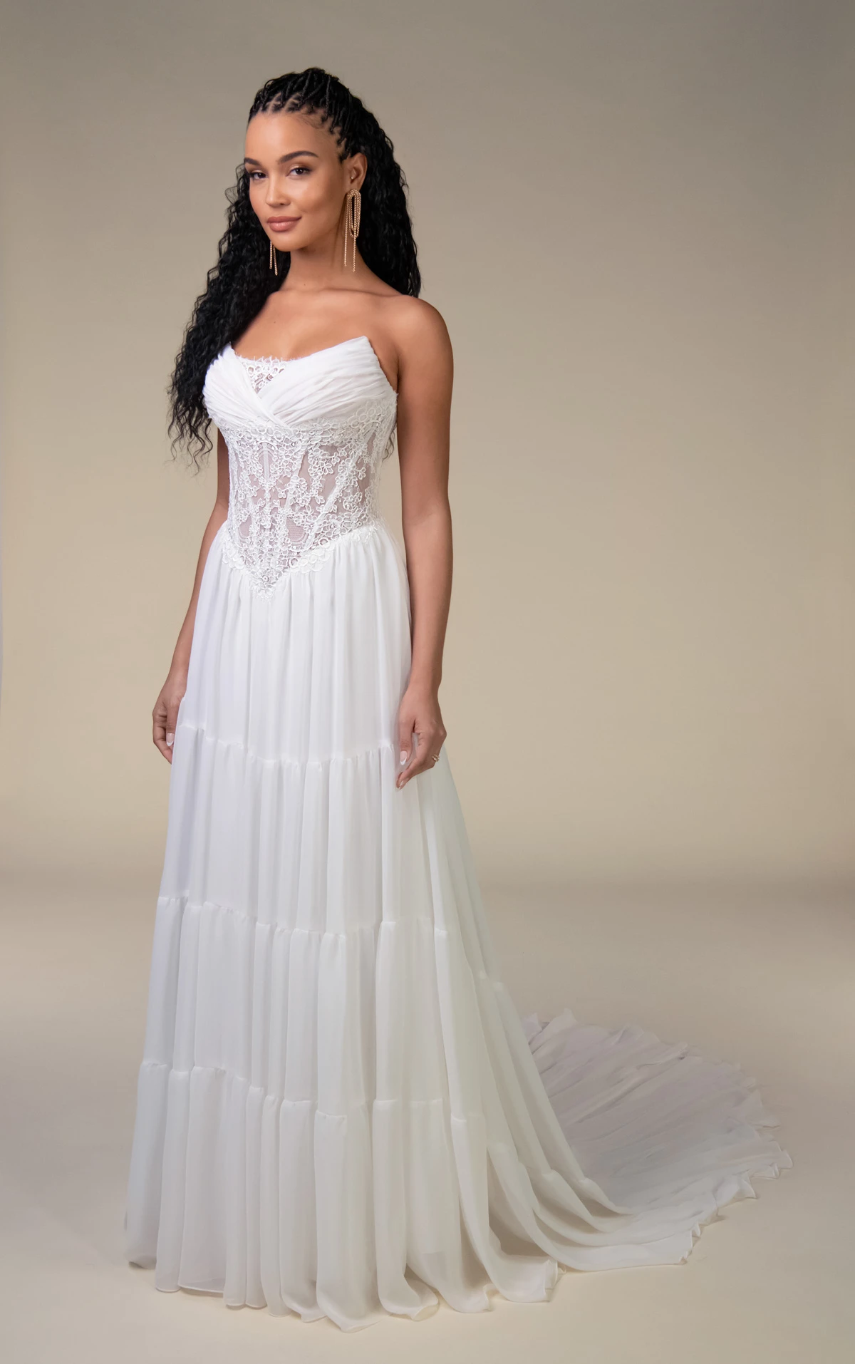 dalton High-Neck Lace and Chiffon A-Line Wedding Gown with Tiered Skirt and Detachable Topper by All Who Wander