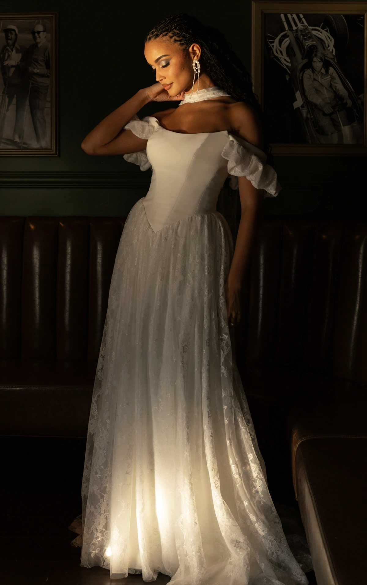 east Off-The-Shoulder Lace and Crepe A-Line Wedding Gown with Detachable Puff Sleeves by All Who Wander