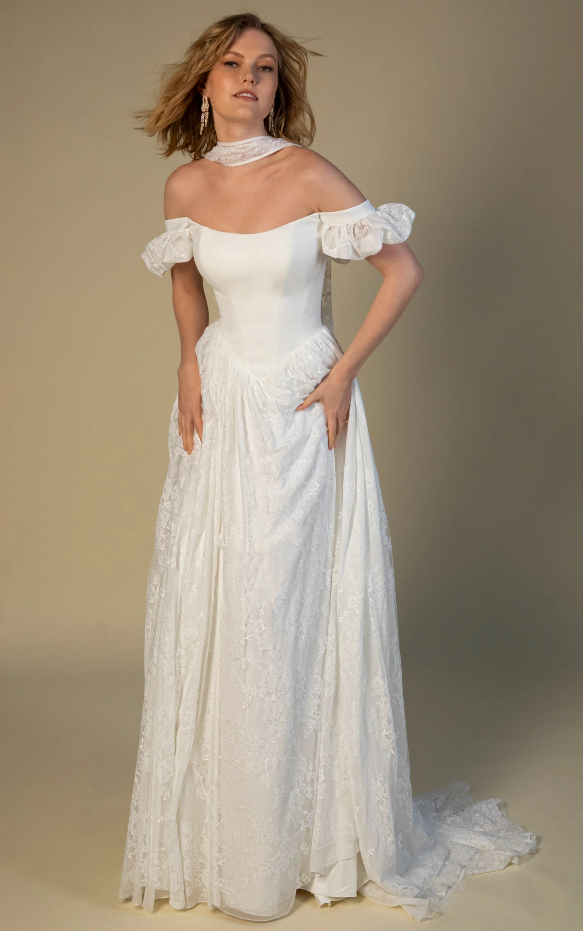 east Off-The-Shoulder Lace and Crepe A-Line Wedding Gown with Detachable Puff Sleeves by All Who Wander