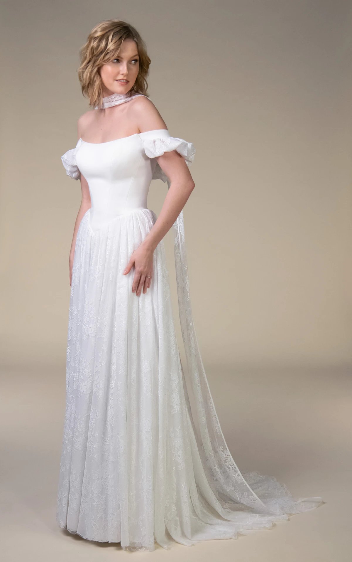 east Off-The-Shoulder Lace and Crepe A-Line Wedding Gown with Detachable Puff Sleeves by All Who Wander