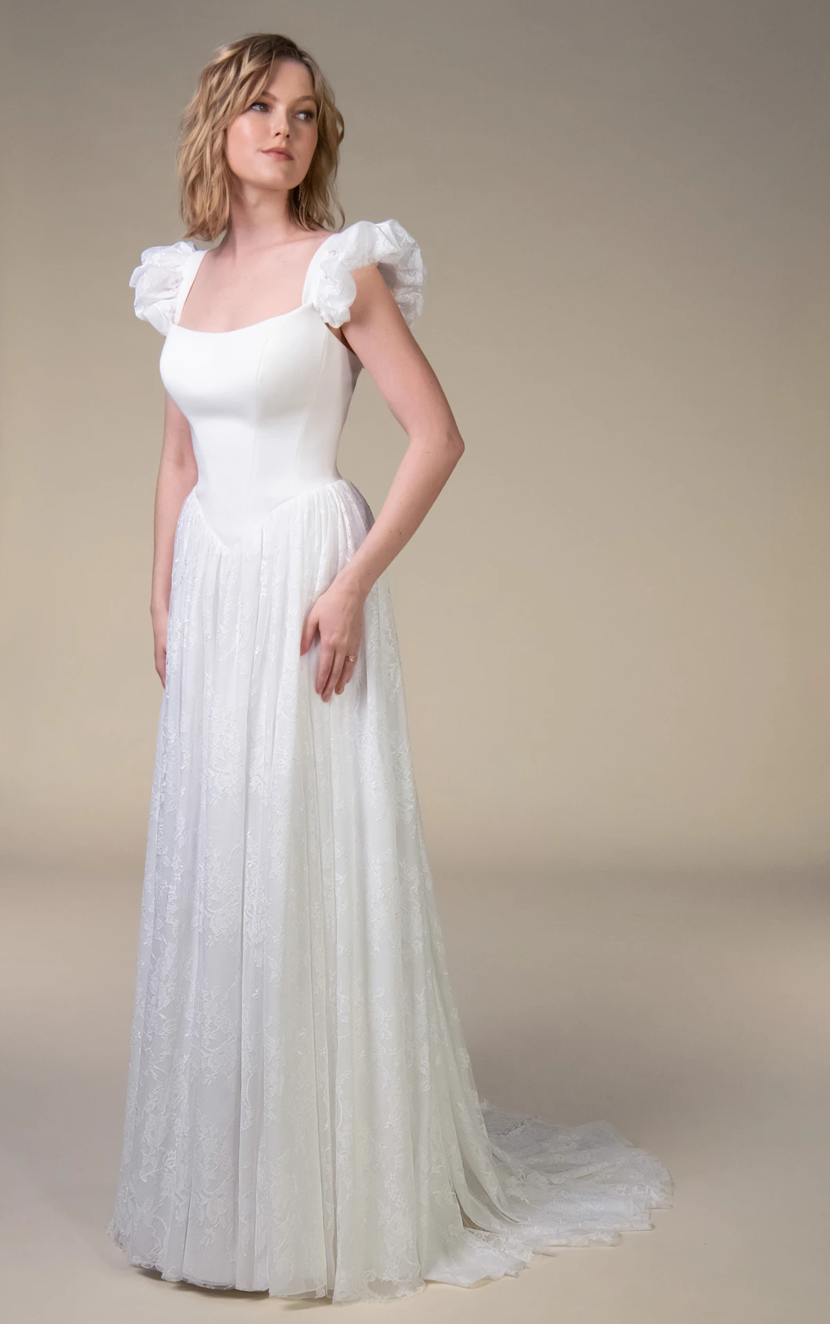 east Off-The-Shoulder Lace and Crepe A-Line Wedding Gown with Detachable Puff Sleeves by All Who Wander