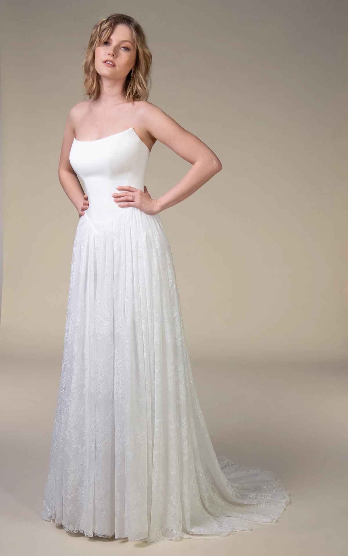 east Off-The-Shoulder Lace and Crepe A-Line Wedding Gown with Detachable Puff Sleeves by All Who Wander