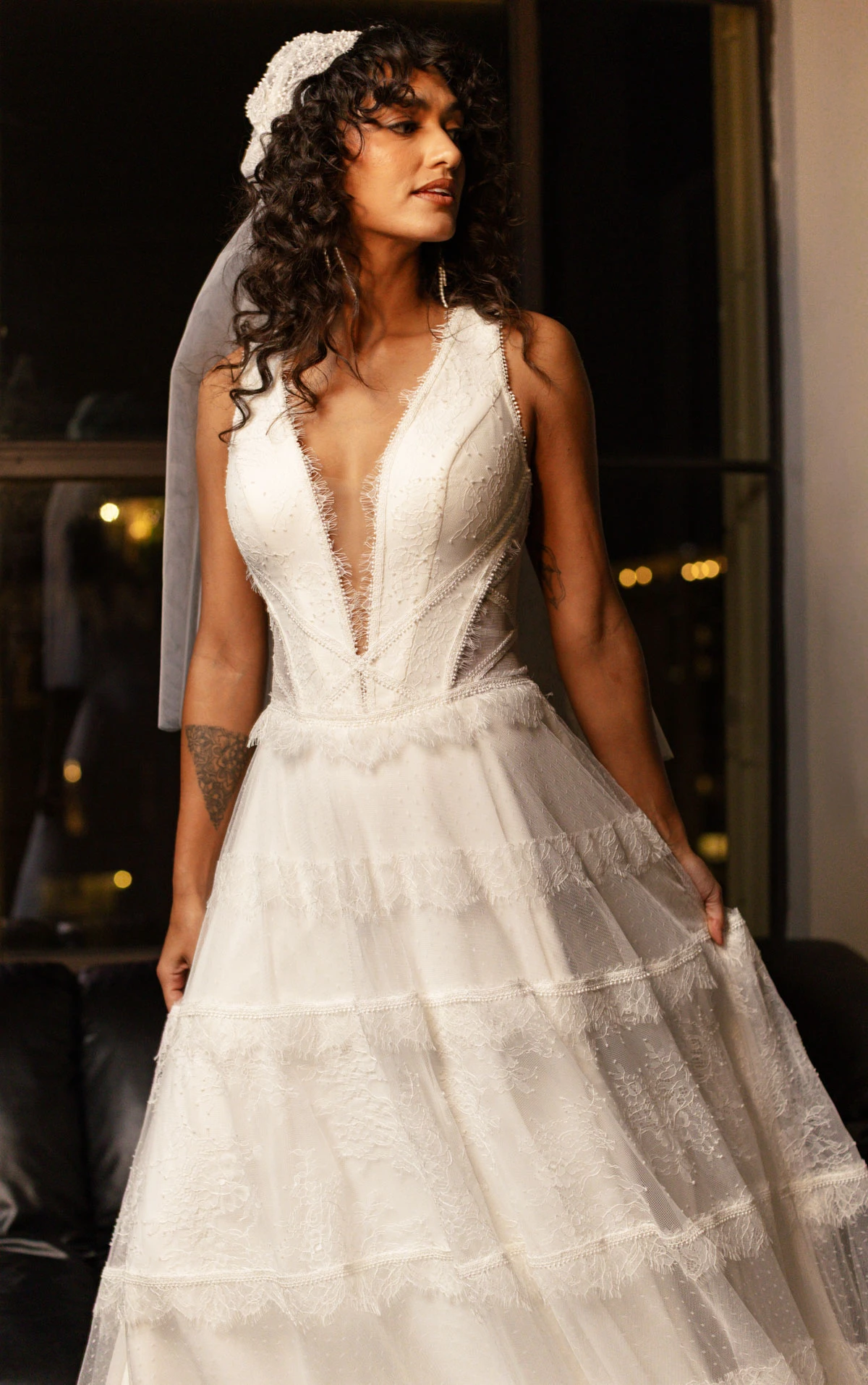 gray Plunging V-Neckline Lace and Tulle A-Line Wedding Gown with Tiered Skirt and Lace-Up Back by All Who Wander