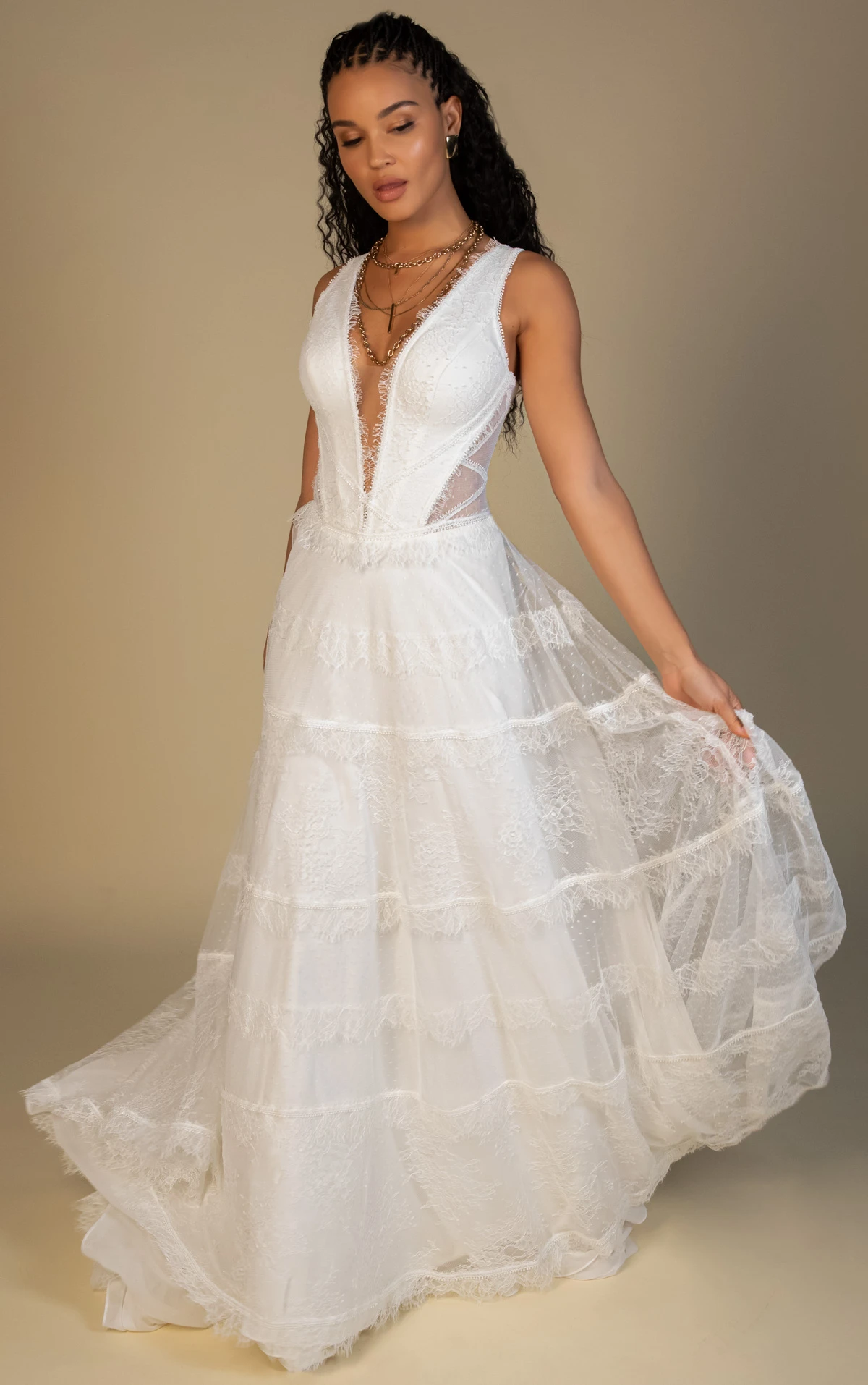 gray Plunging V-Neckline Lace and Tulle A-Line Wedding Gown with Tiered Skirt and Lace-Up Back by All Who Wander
