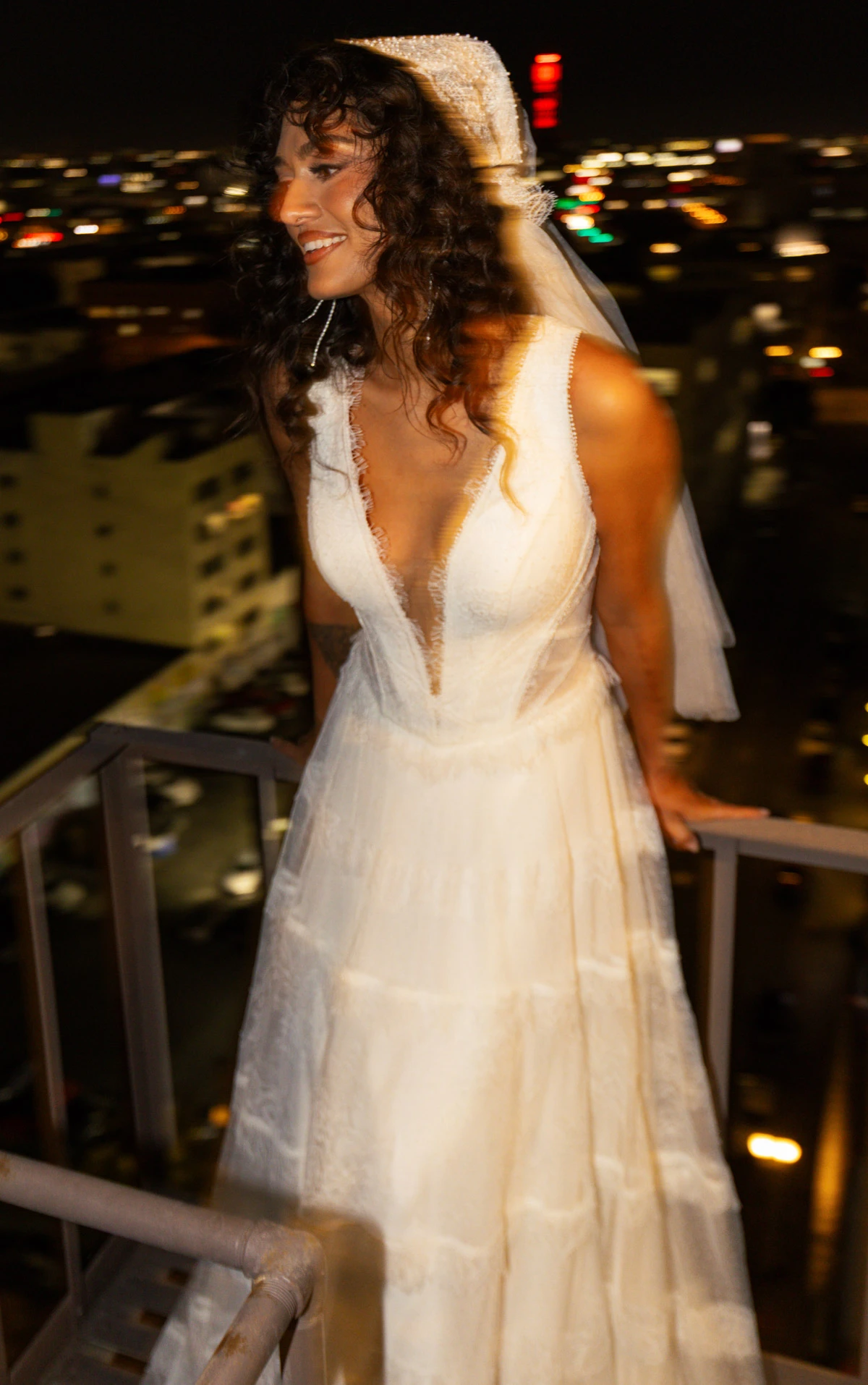 gray Plunging V-Neckline Lace and Tulle A-Line Wedding Gown with Tiered Skirt and Lace-Up Back by All Who Wander