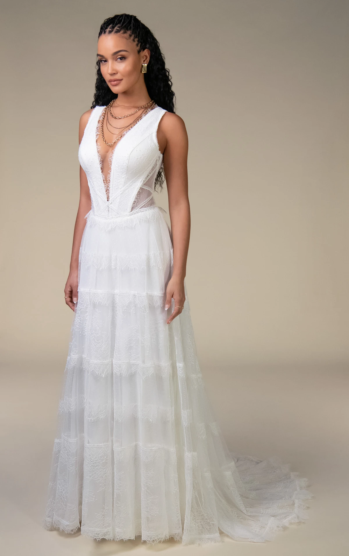 gray Plunging V-Neckline Lace and Tulle A-Line Wedding Gown with Tiered Skirt and Lace-Up Back by All Who Wander