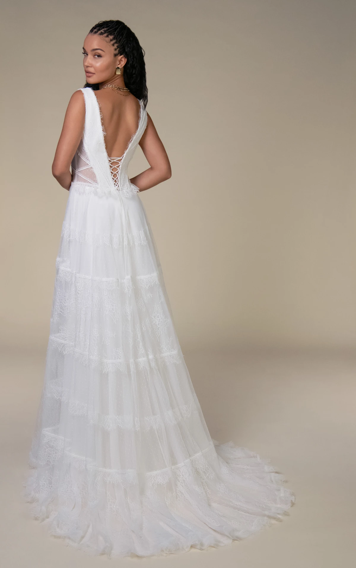 gray Plunging V-Neckline Lace and Tulle A-Line Wedding Gown with Tiered Skirt and Lace-Up Back by All Who Wander