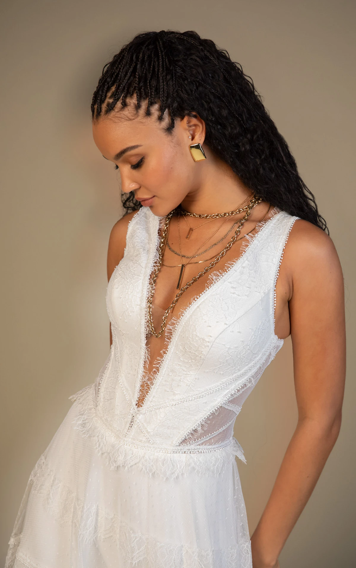 gray Plunging V-Neckline Lace and Tulle A-Line Wedding Gown with Tiered Skirt and Lace-Up Back by All Who Wander