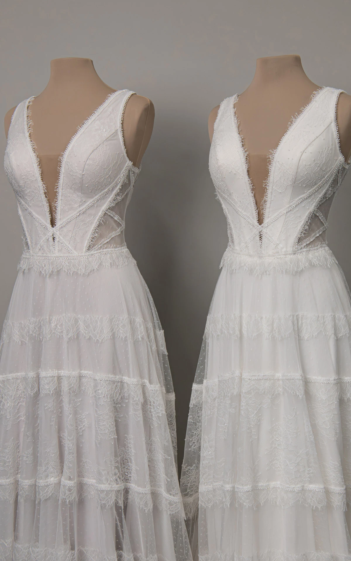 gray Plunging V-Neckline Lace and Tulle A-Line Wedding Gown with Tiered Skirt and Lace-Up Back by All Who Wander