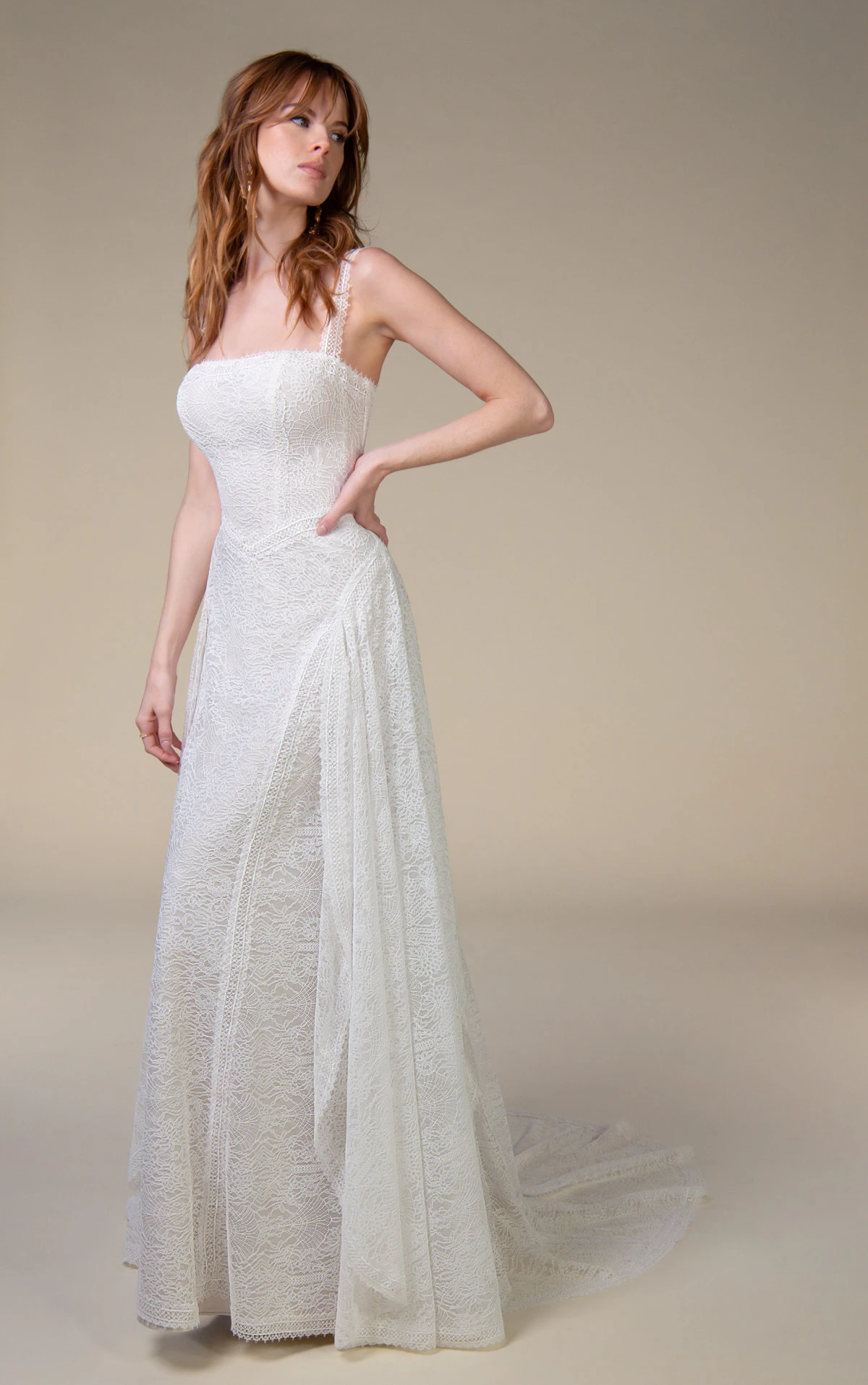 jean Square Neckline Lace A-Line Wedding Gown by All Who Wander