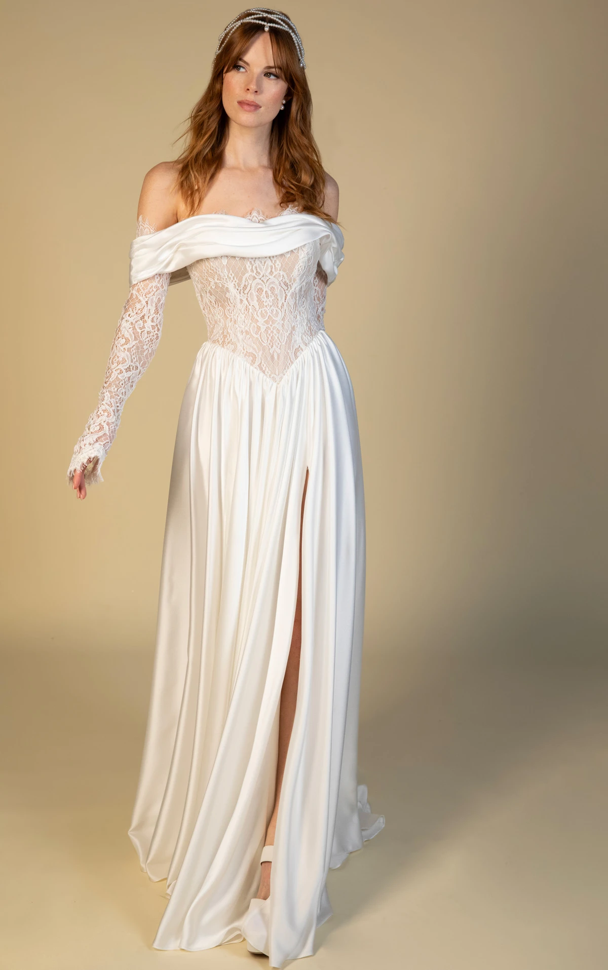 joplin Off-The-Shoulder Lace and Satin Chiffon A-Line Wedding Gown with Detachable Long Sleeves by All Who Wander