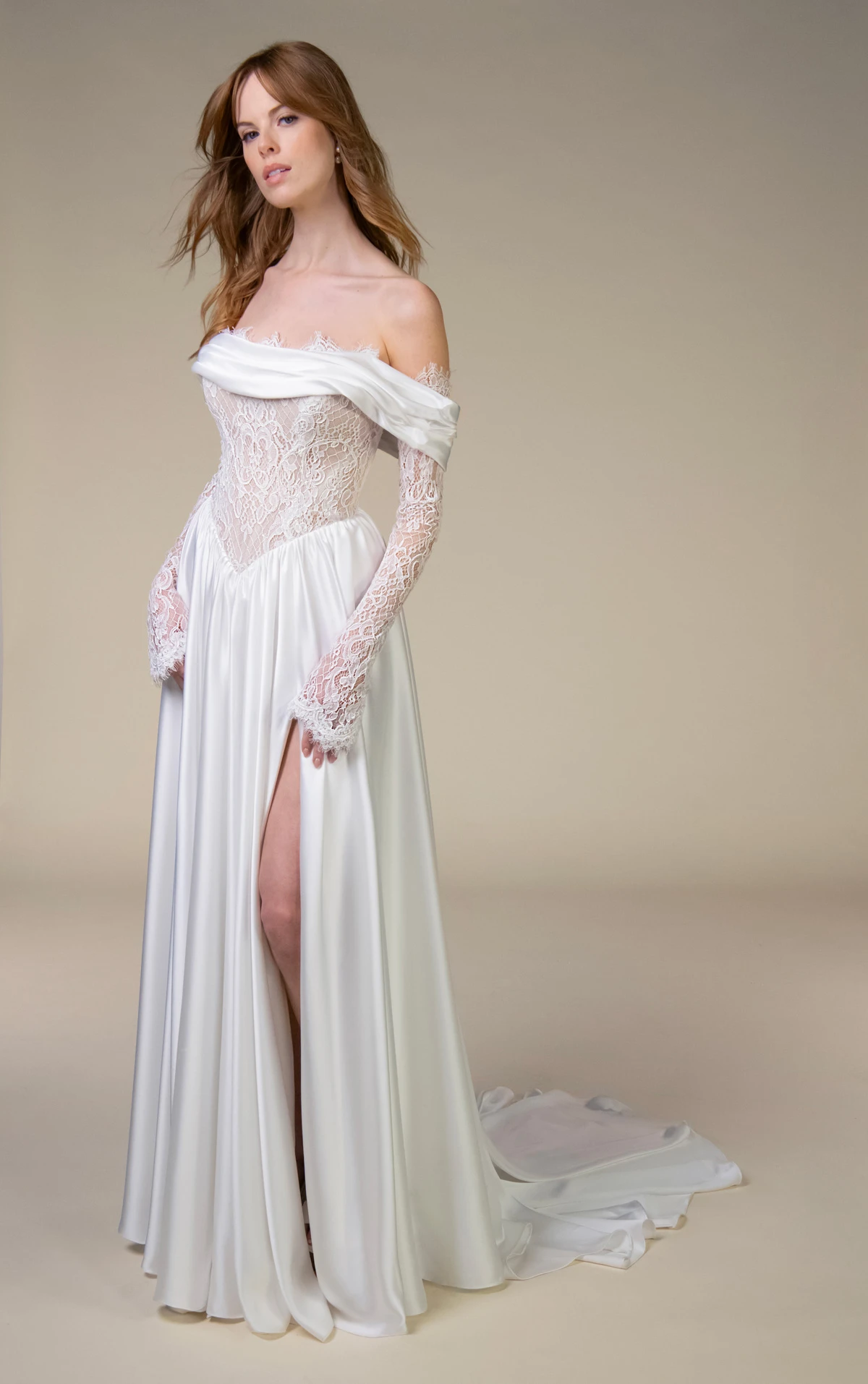 joplin Off-The-Shoulder Lace and Satin Chiffon A-Line Wedding Gown with Detachable Long Sleeves by All Who Wander