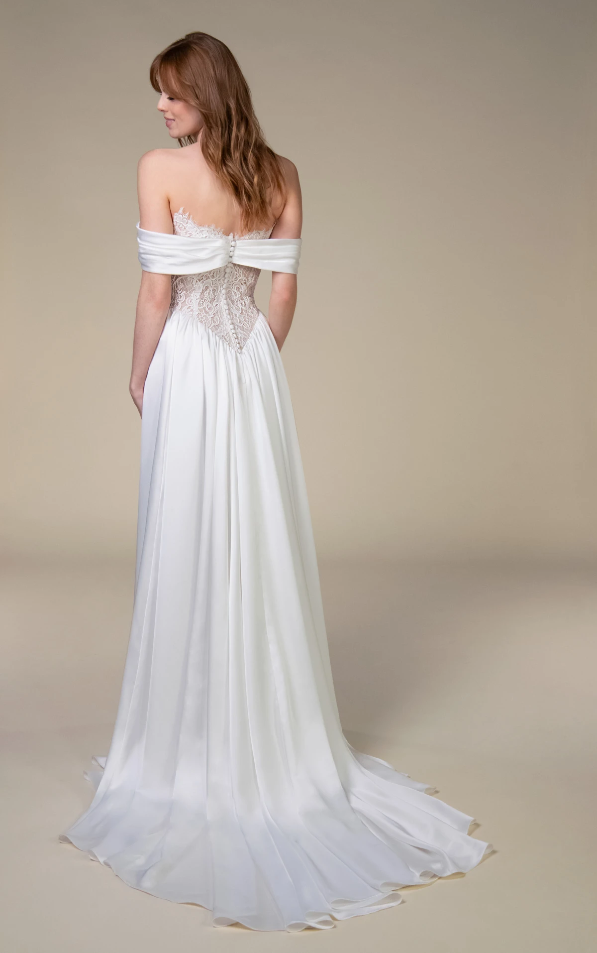 joplin Off-The-Shoulder Lace and Satin Chiffon A-Line Wedding Gown with Detachable Long Sleeves by All Who Wander