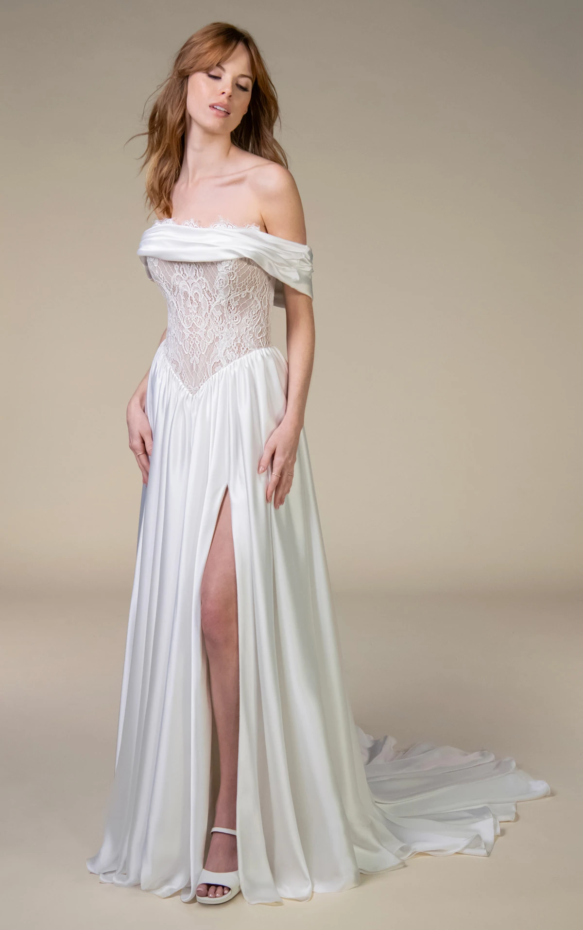 joplin Off-The-Shoulder Lace and Satin Chiffon A-Line Wedding Gown with Detachable Long Sleeves by All Who Wander