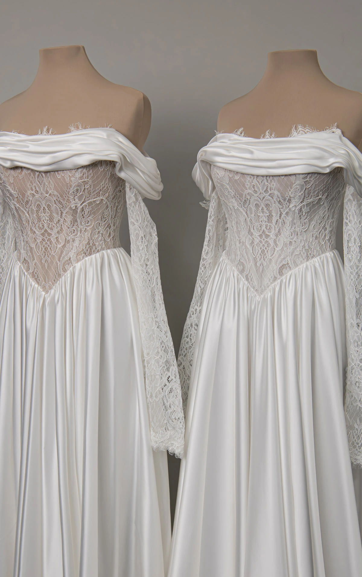 joplin Off-The-Shoulder Lace and Satin Chiffon A-Line Wedding Gown with Detachable Long Sleeves by All Who Wander
