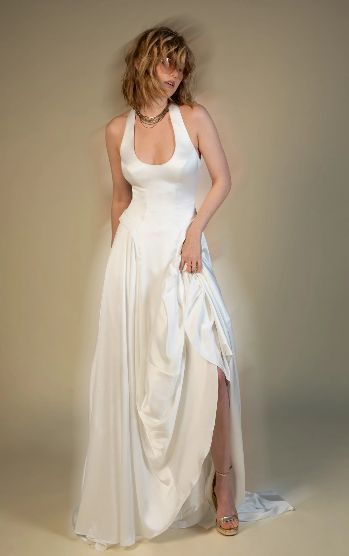 jovi Scoop Neckline Charmeuse Wedding Gown with Peplum Basque Waist  by All Who Wander