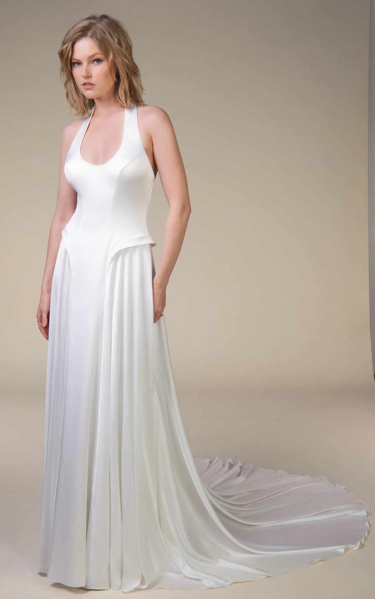 jovi Scoop Neckline Charmeuse Wedding Gown with Peplum Basque Waist  by All Who Wander