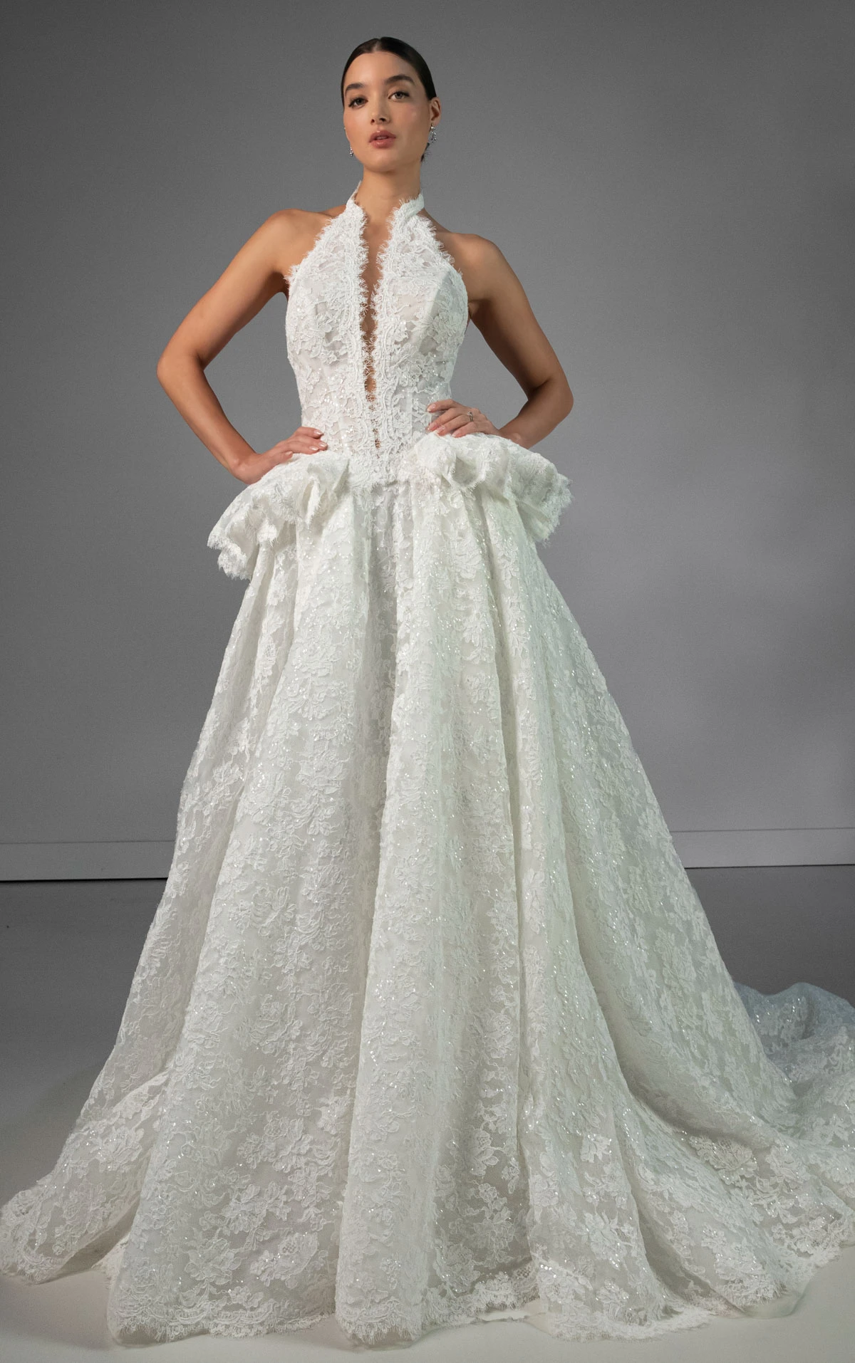 le1473 High-Neck Lace A-Line Wedding Gown with Detachable Peplum  by Martina Liana Luxe