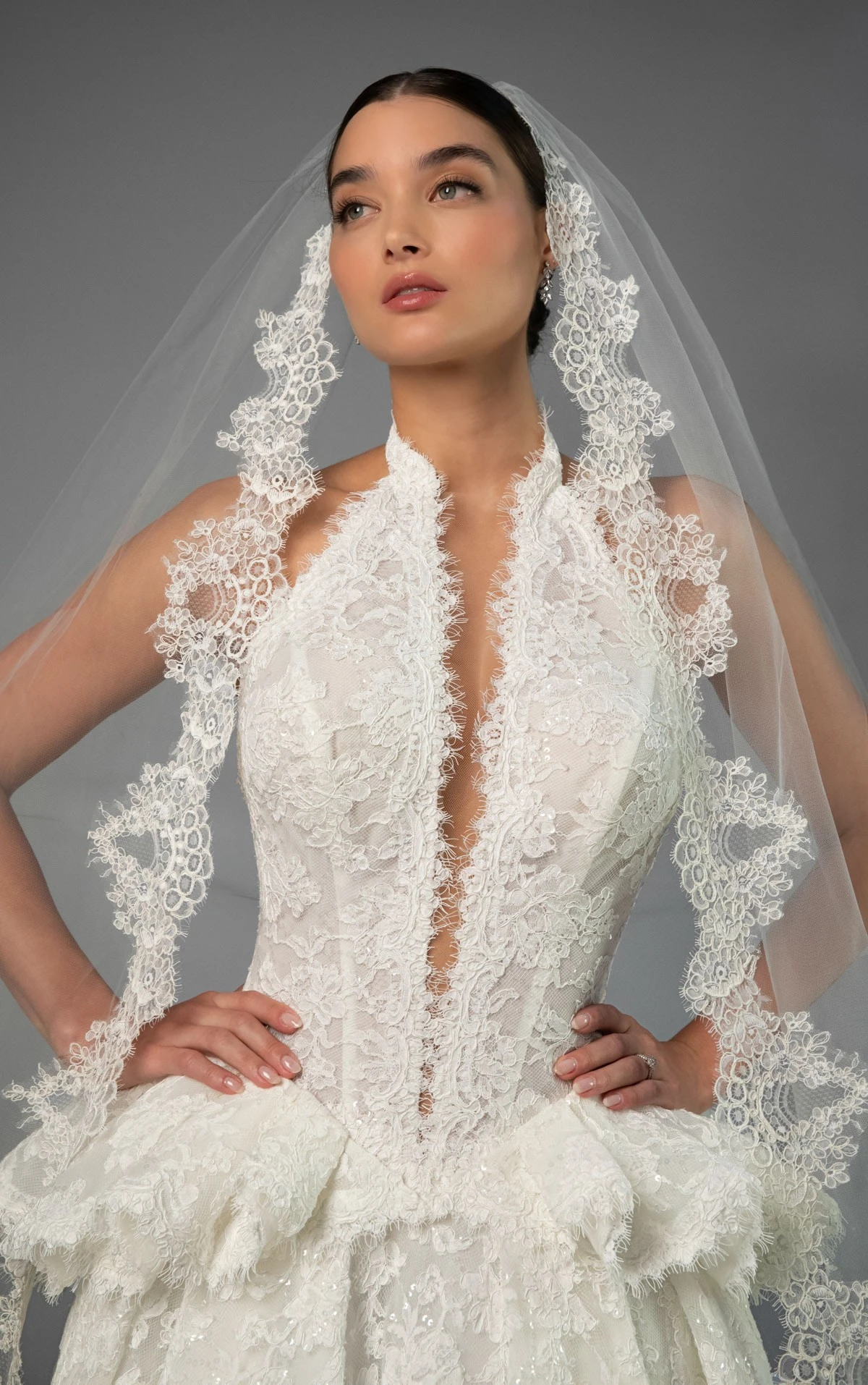 le1473 High-Neck Lace A-Line Wedding Gown with Detachable Peplum  by Martina Liana Luxe