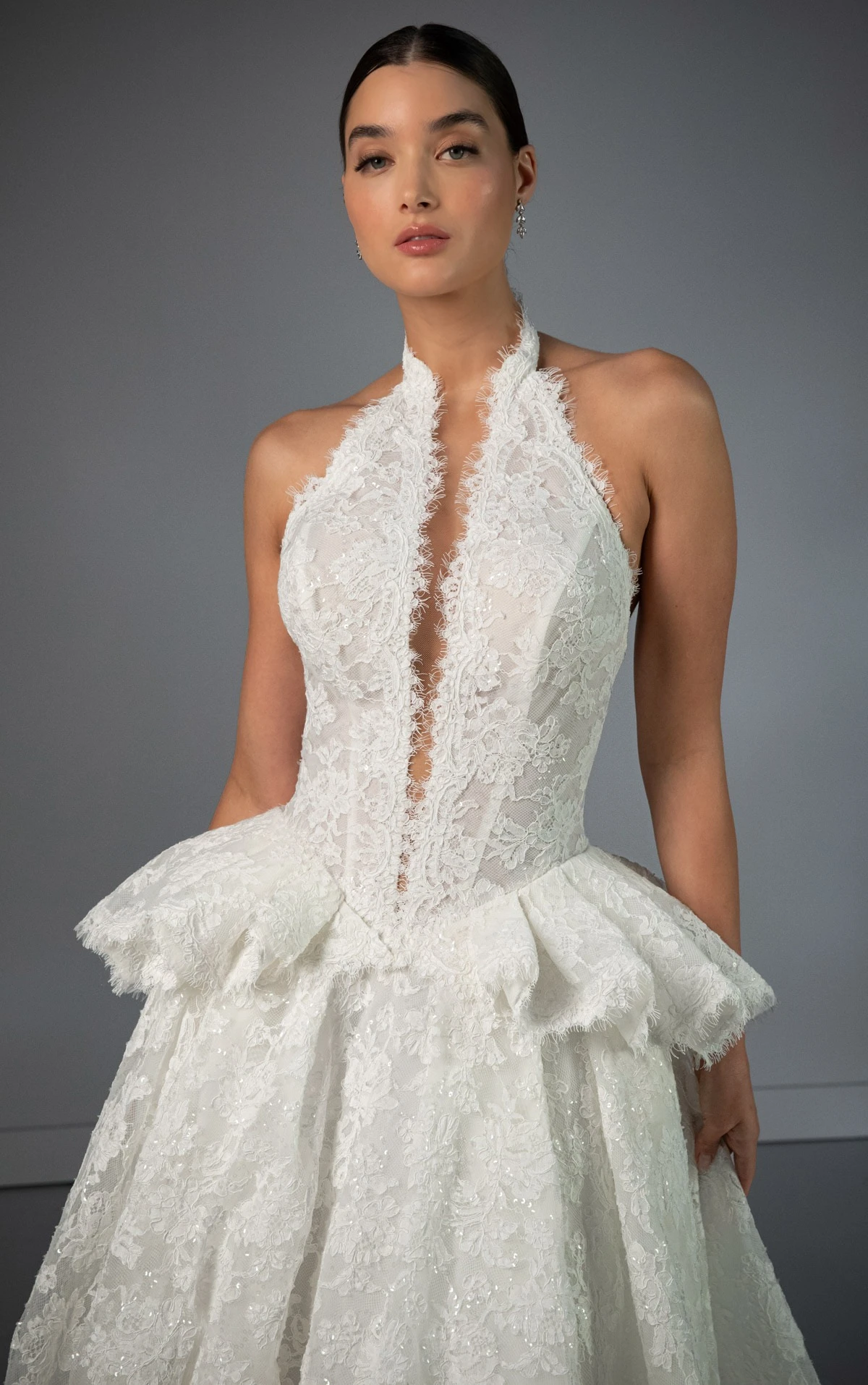 le1473 High-Neck Lace A-Line Wedding Gown with Detachable Peplum  by Martina Liana Luxe
