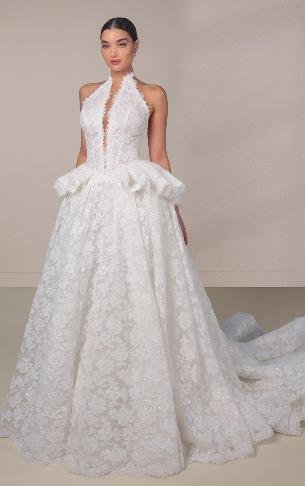 le1473 High-Neck Lace A-Line Wedding Gown with Detachable Peplum  by Martina Liana Luxe