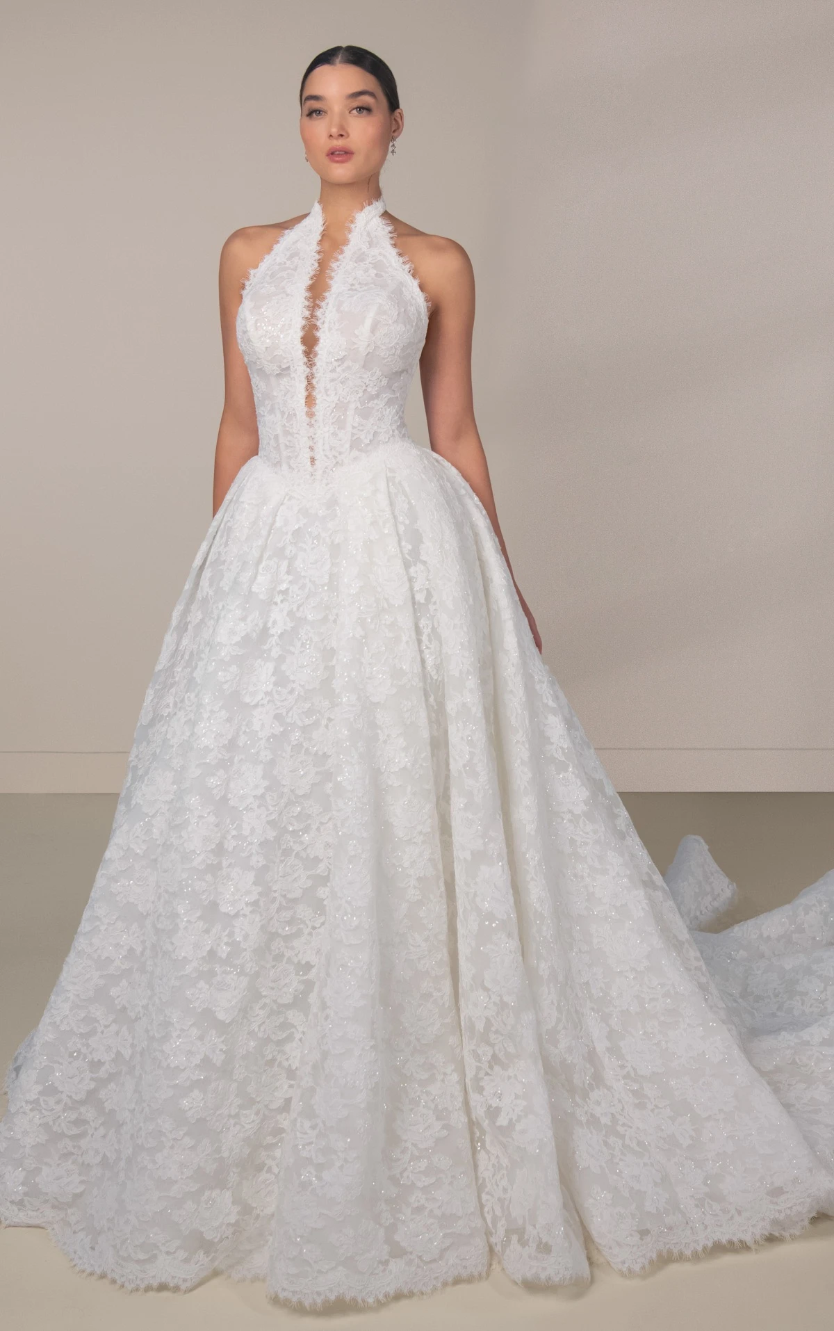 le1473 High-Neck Lace A-Line Wedding Gown with Detachable Peplum  by Martina Liana Luxe