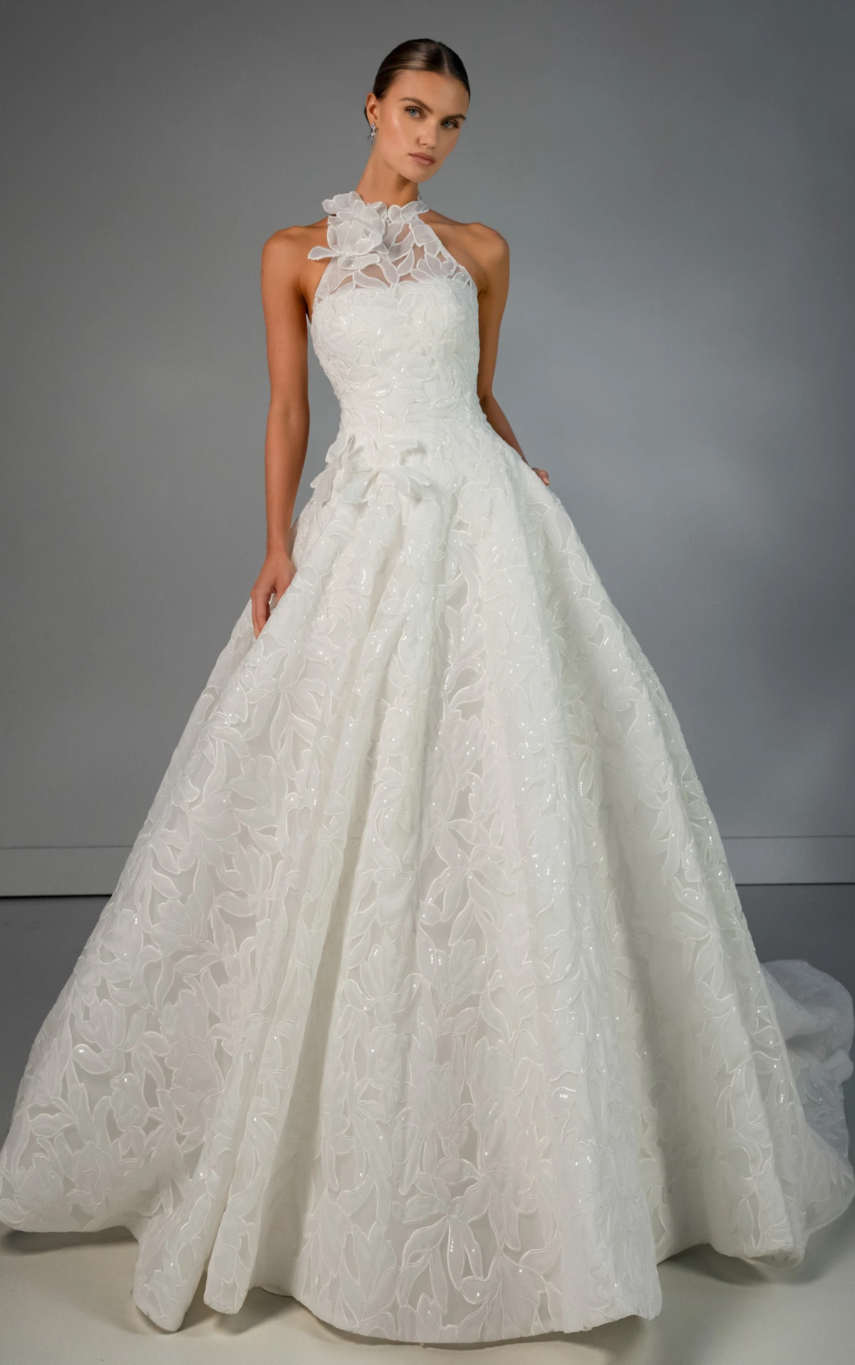 le1475 High-Neck Sequin Lace and Tulle A-Line Wedding Gown with Dimensional Floral Motif  by Martina Liana Luxe