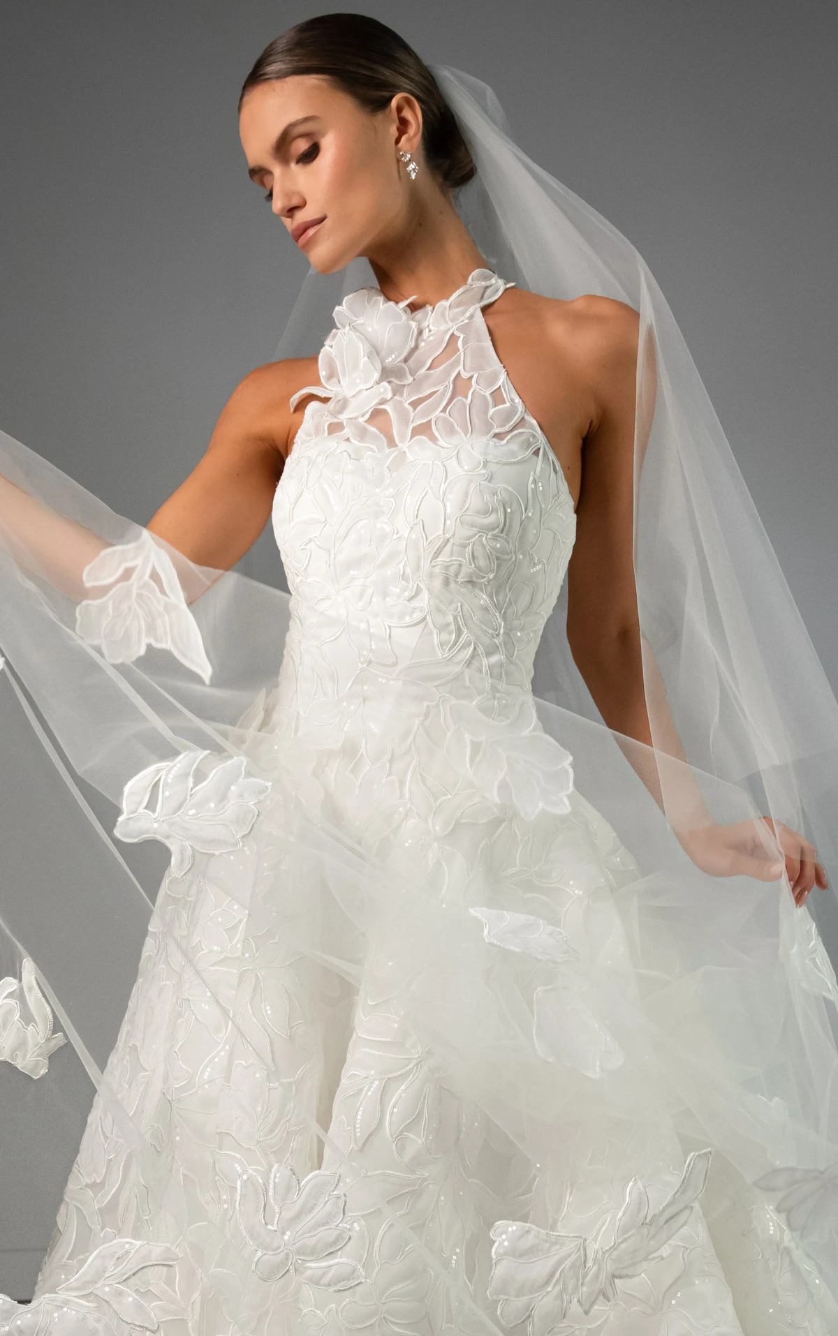 le1475 High-Neck Sequin Lace and Tulle A-Line Wedding Gown with Dimensional Floral Motif  by Martina Liana Luxe