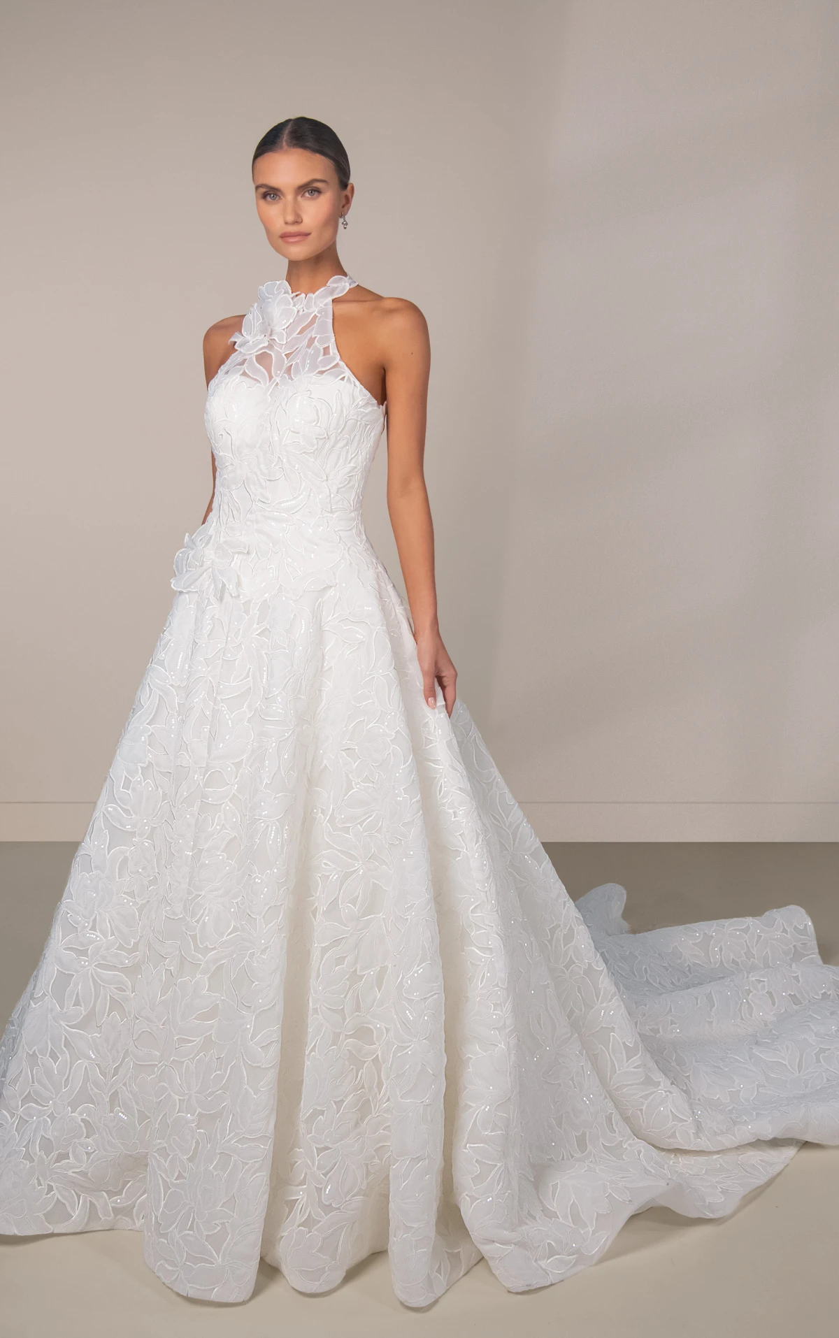 le1475 High-Neck Sequin Lace and Tulle A-Line Wedding Gown with Dimensional Floral Motif  by Martina Liana Luxe