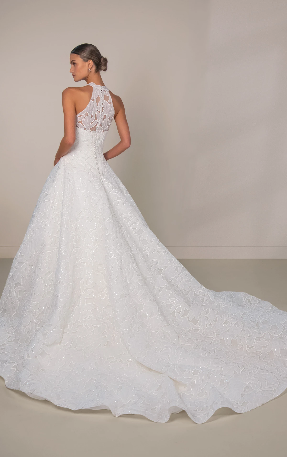 le1475 High-Neck Sequin Lace and Tulle A-Line Wedding Gown with Dimensional Floral Motif  by Martina Liana Luxe