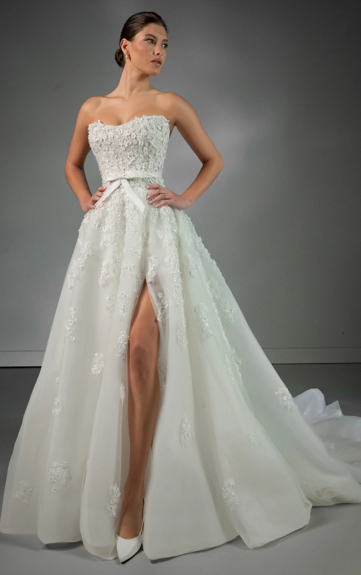 Strapless Beaded Lace and Tulle A-Line Wedding Gown with Silk Bow Belt, LE1476, byMartina Liana Luxe