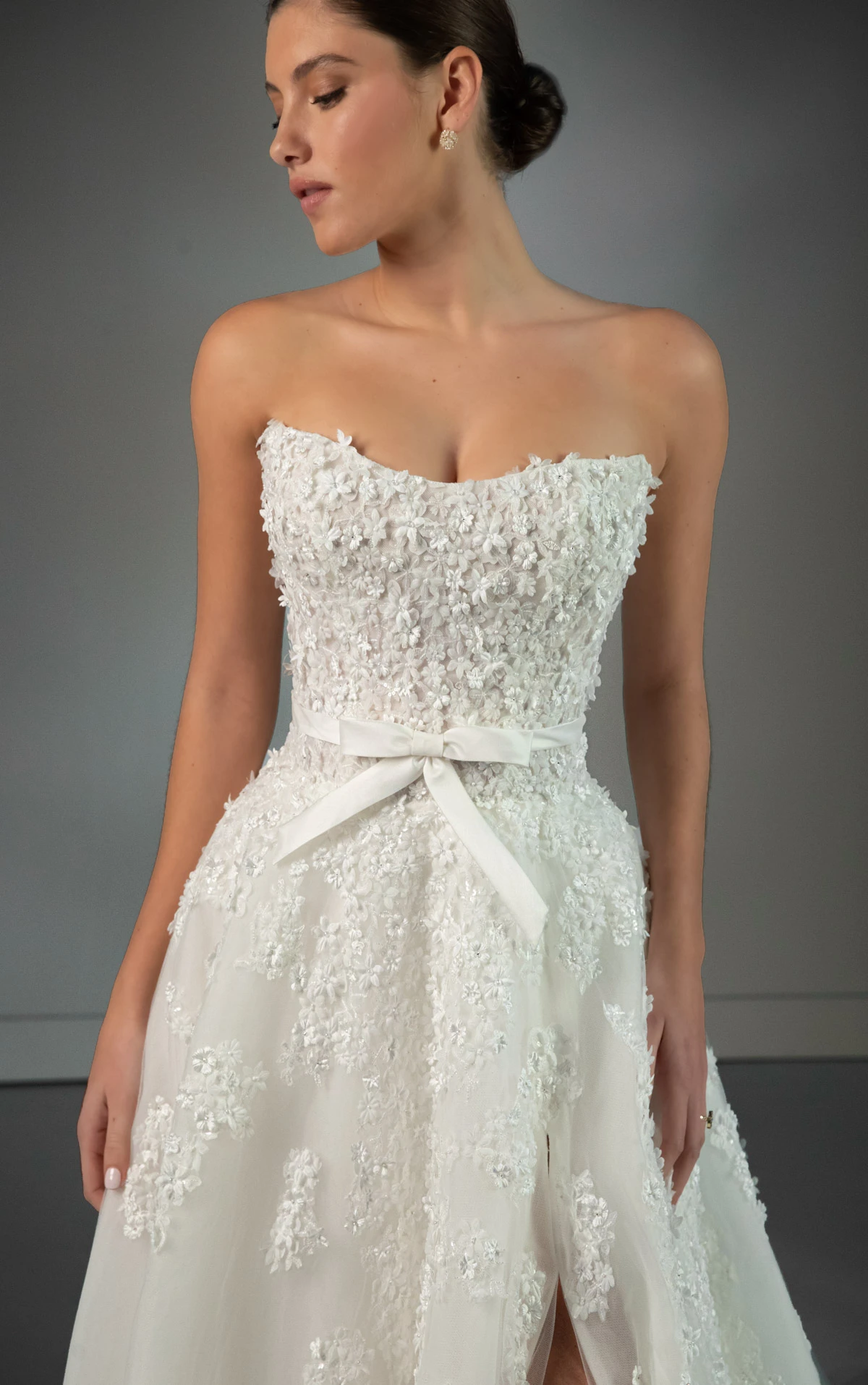 le1476 Strapless Beaded Lace and Tulle A-Line Wedding Gown with Silk Bow Belt  by Martina Liana Luxe