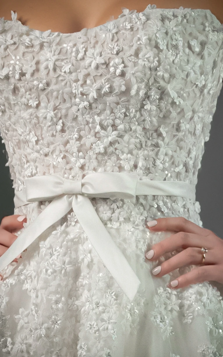 le1476 Strapless Beaded Lace and Tulle A-Line Wedding Gown with Silk Bow Belt  by Martina Liana Luxe