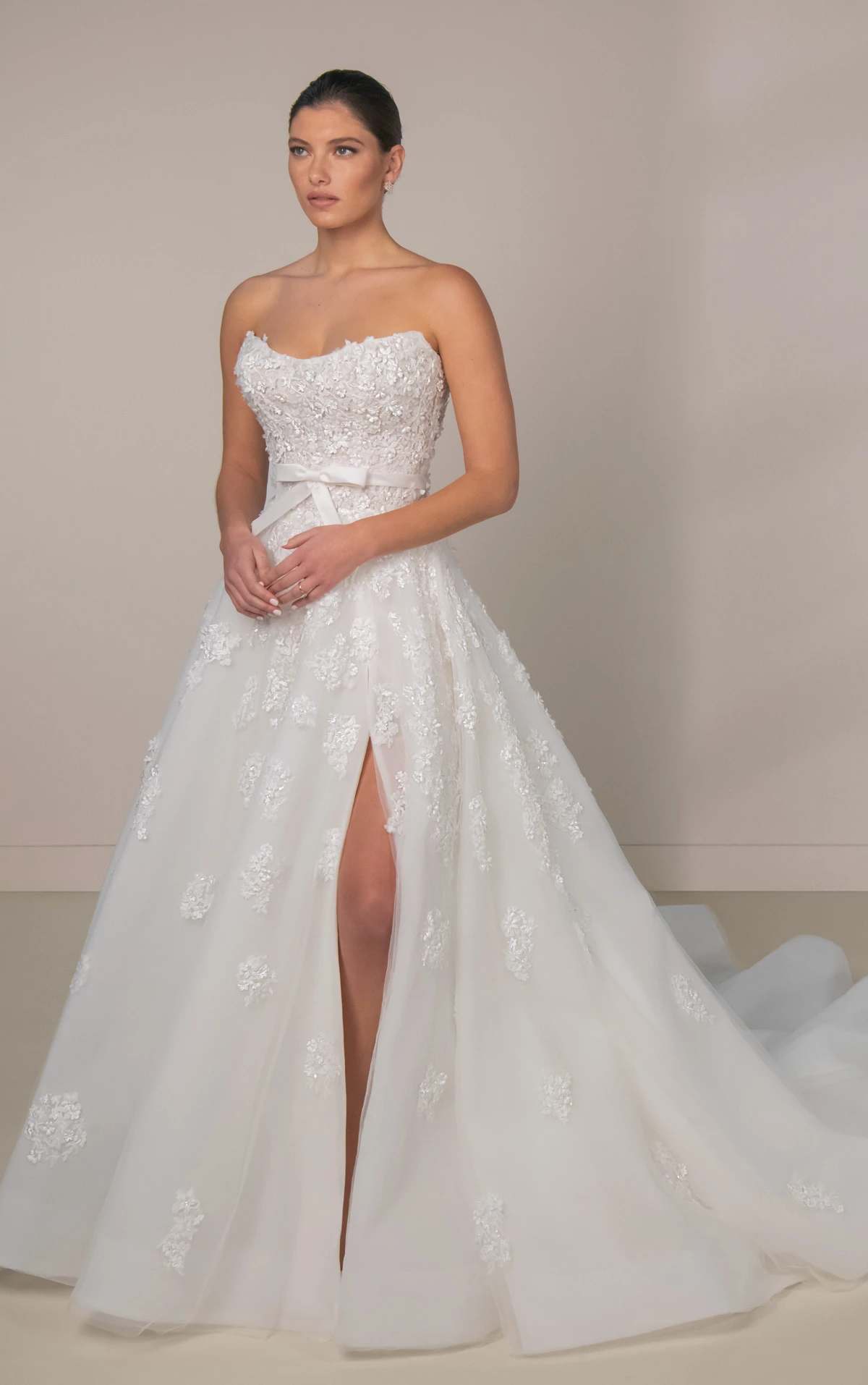 le1476 Strapless Beaded Lace and Tulle A-Line Wedding Gown with Silk Bow Belt  by Martina Liana Luxe